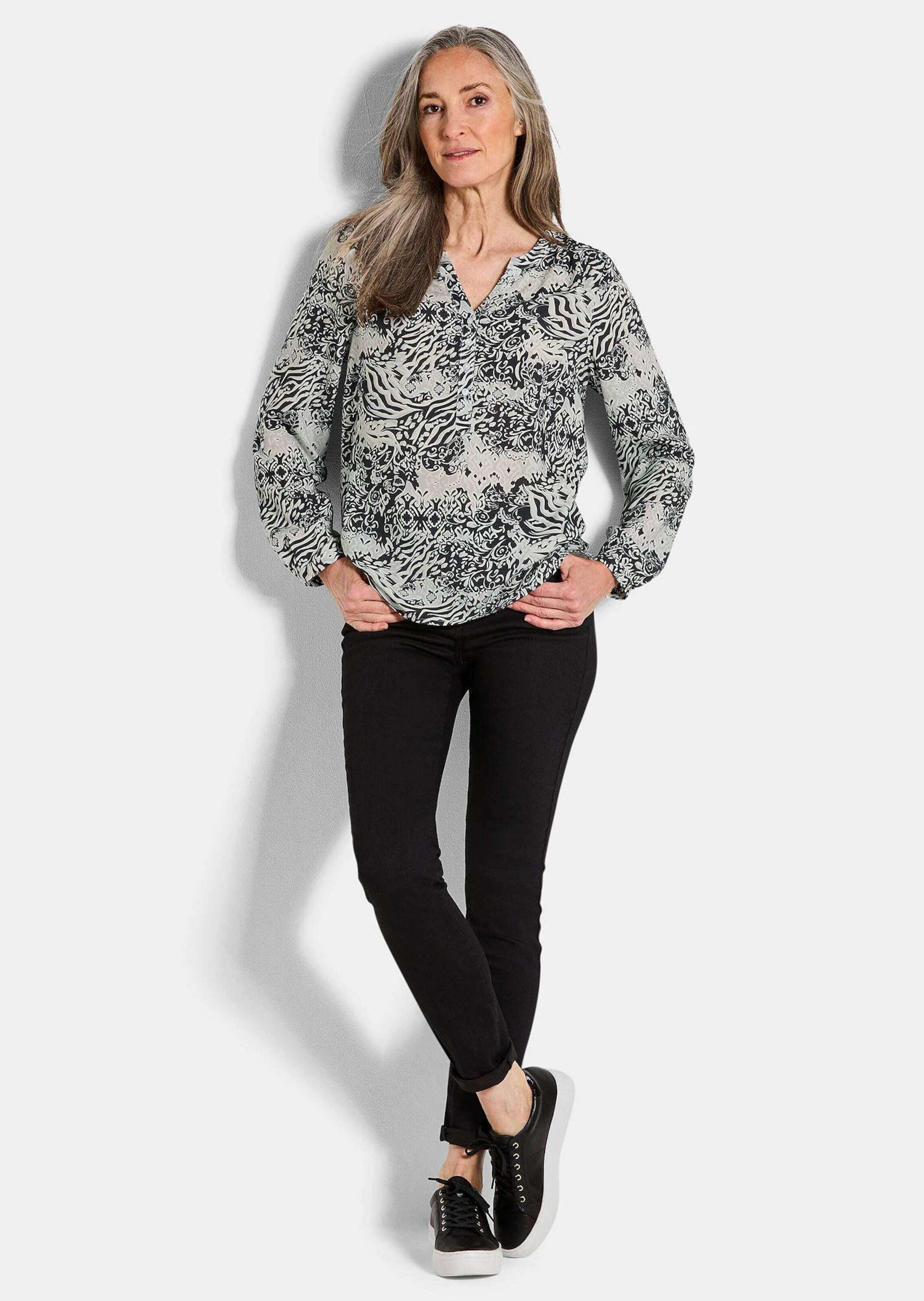 GOLDNER Schlupfbluse Florale Druckbluse mit V-Ausschnitt Viskosebluse mit Seitenschlitzen und Langarm