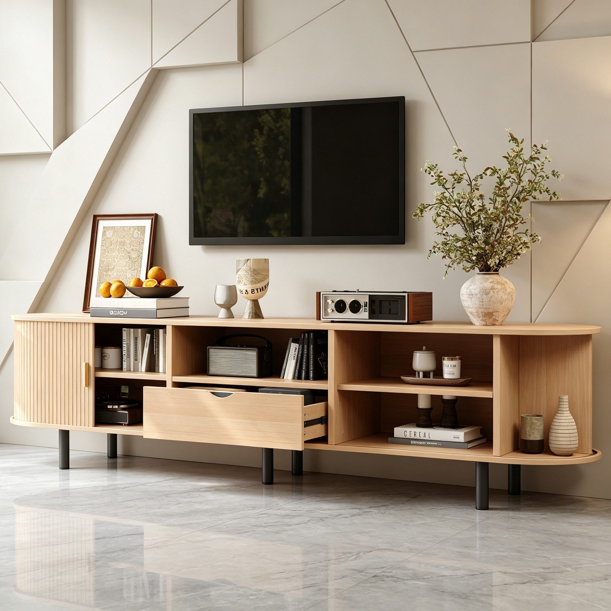 HAUSS SPOLE TV-Schrank mit Runddesign,Fernsehtisch Lowboard mit Schublade & Fächern,Natur (Medienkonsole Rollo-TV-Board 175x40x55cm Mitoffene Ablagefächer und integrierte Kabeldurchlässe) für Wohnzimmer