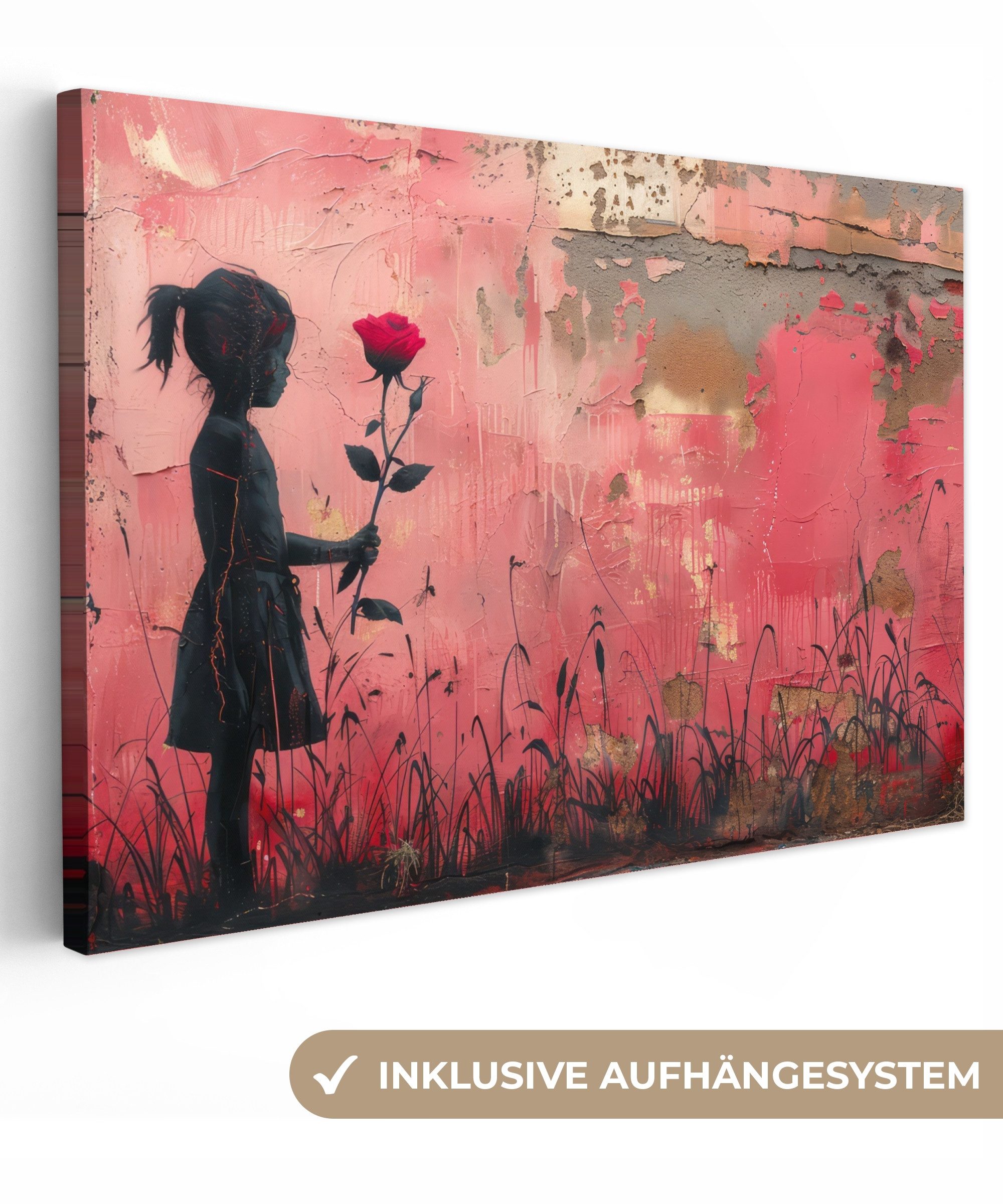 Leinwandbild Graffiti - Mädchen - Rosa - Straßenkunst - Rose