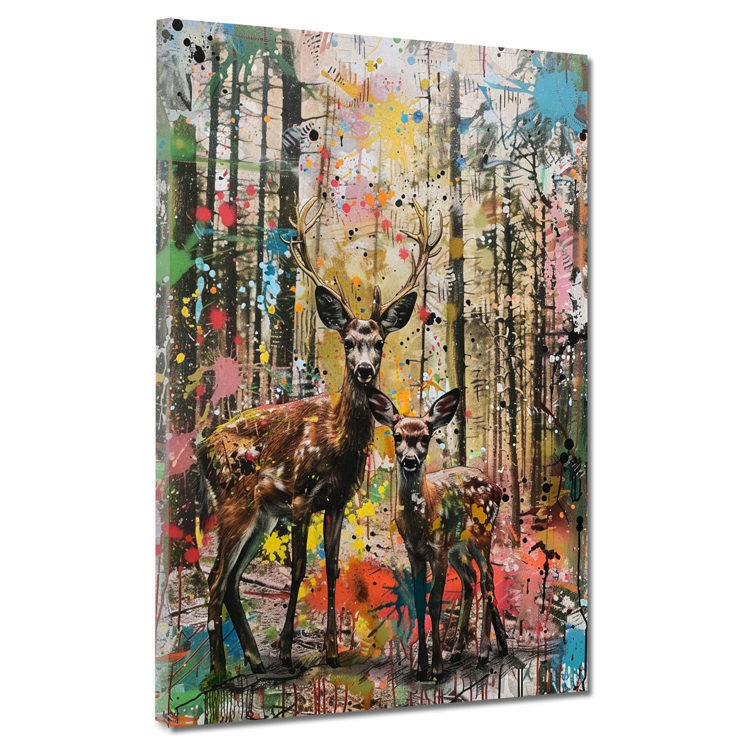 Artedinoi Leinwandbild Pop Art Hirsch Reh Wald modern bunt Leinwandbild Wandbild Kunstdruck W, Hirsch im Wald, bunt