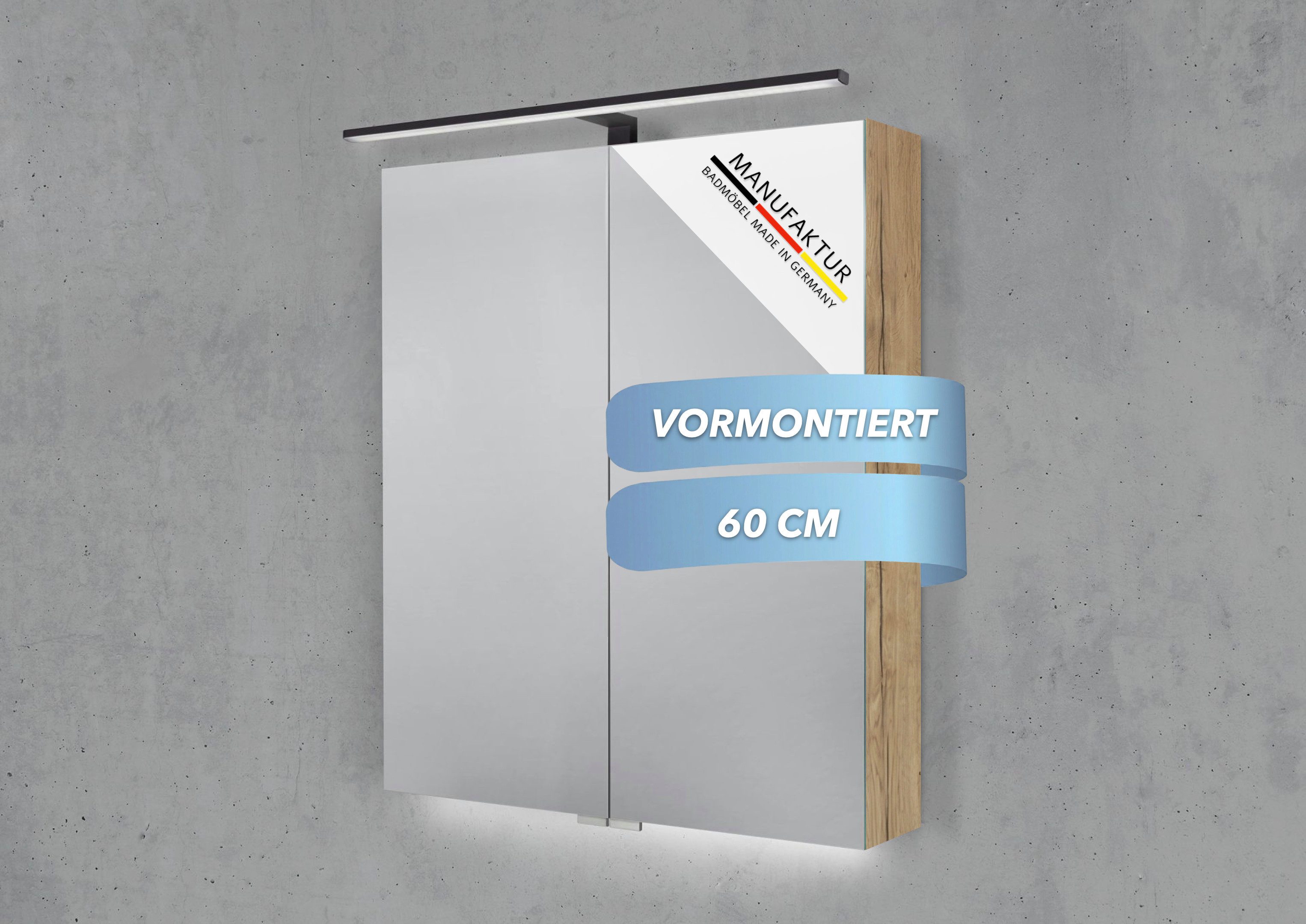 Intarbad Badezimmerspiegelschrank 2-türiger Spiegelschrank mit MULTI LED Aufsatzleuchte, dimmbar (Doppelspiegeltüren, Holz-/ Lackdekore, Maße von 60 bis 120 cm wählbar, Höhe 70 cm, Glasfachböden, Magnetleiste & Kosmetikspiegel Ø 12 cm) Vormontierte Lieferung, Floatglas, 160 kg Traglast, Made in Germany