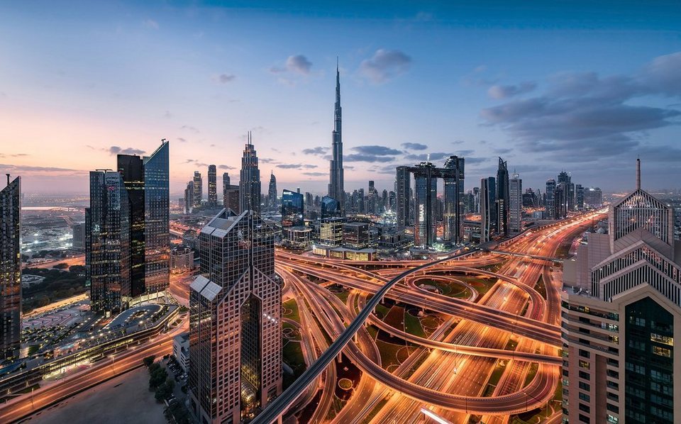 Komar Fototapete Lights of Dubai, glatt, bedruckt, mehrfarbig, natürlich,  (9 St), 450x280 cm (Breite x Höhe), Wohnzimmer, Schlafzimmer