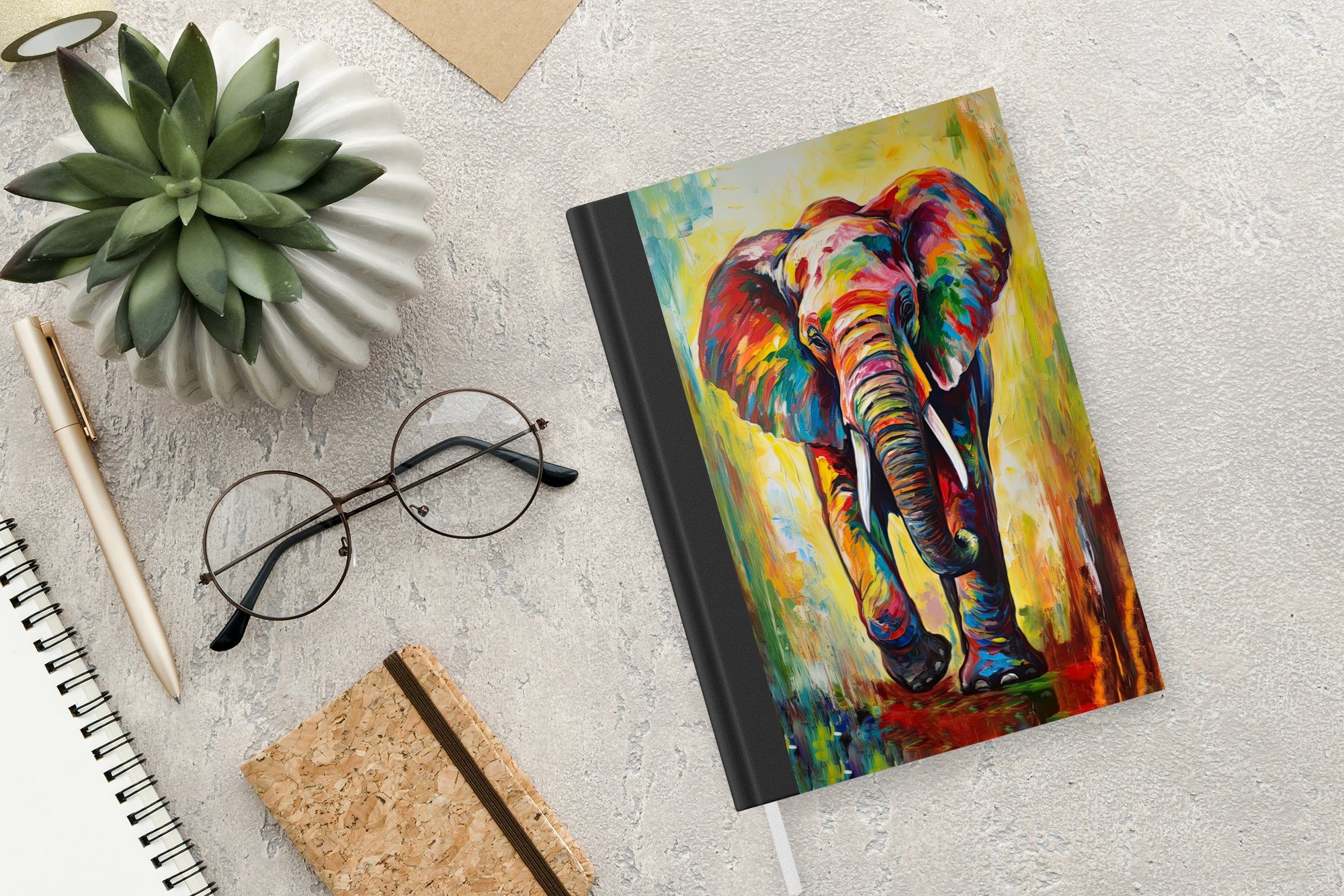 MuchoWow Notizbuch Elefant - Malerei Tiere A5, Journal, 98 Seiten, - Kunst Merkzettel, Notizheft, Haushaltsbuch - - Regenbogen, Tagebuch