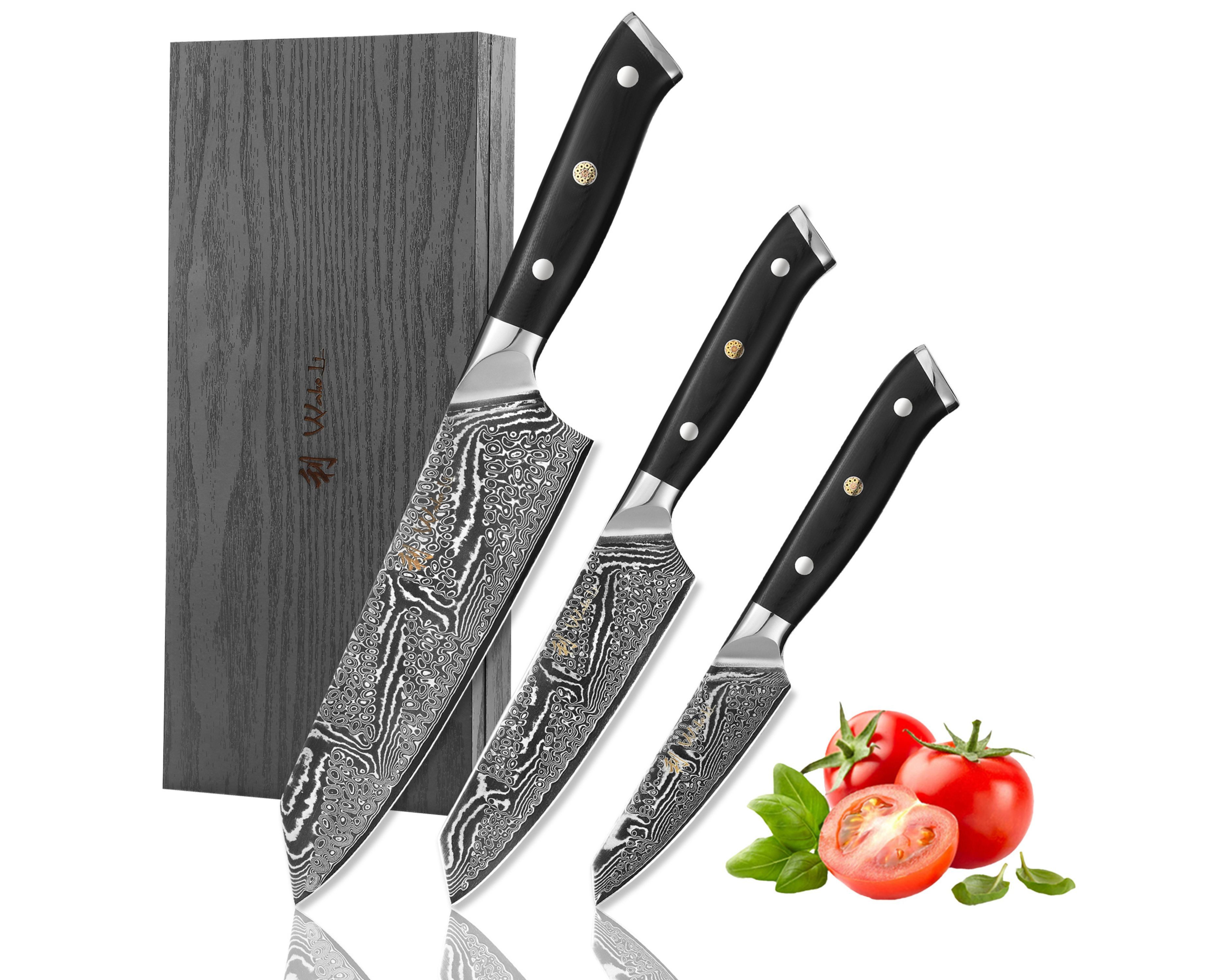 Wakoli Messer-Set Nitoko 3er Kiritsuke Damast Küchenmesser-Set Full Tang, G10 Griffe (Damastmesser-Set in Holz-Geschenkbox, 3-tlg., 3er Damastmesser-Set), aus 67 Lagen Damaststahl, VG10, Full Tang
