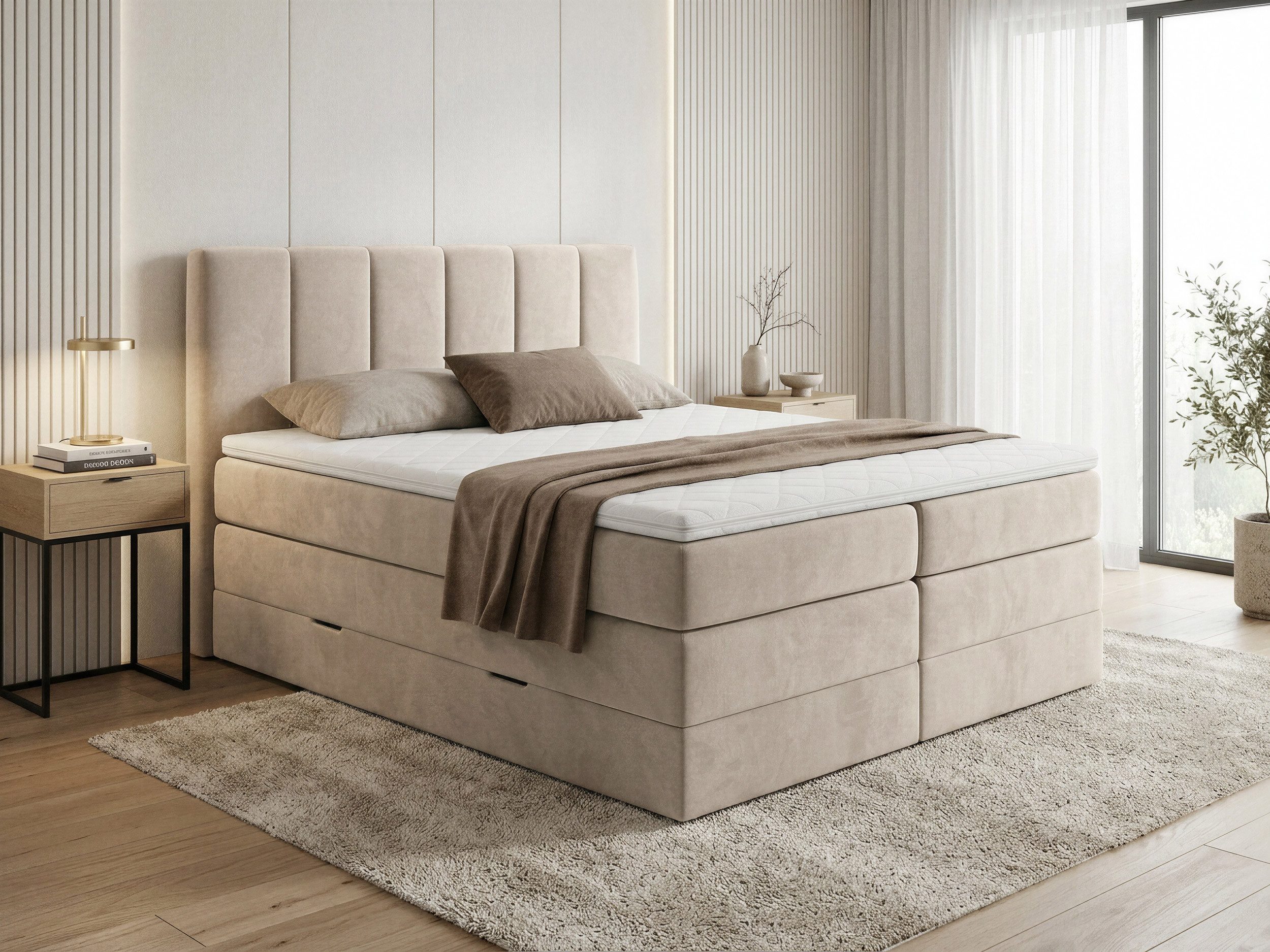 Sofnet Boxspringbett Star XL (2x Bettkästen, Bonellfederkern- und Taschenfederkernmatratze, Topper), Polsterbett, Doppelbett, Velours, mit Kopfteil, 140/160/180x200 cm