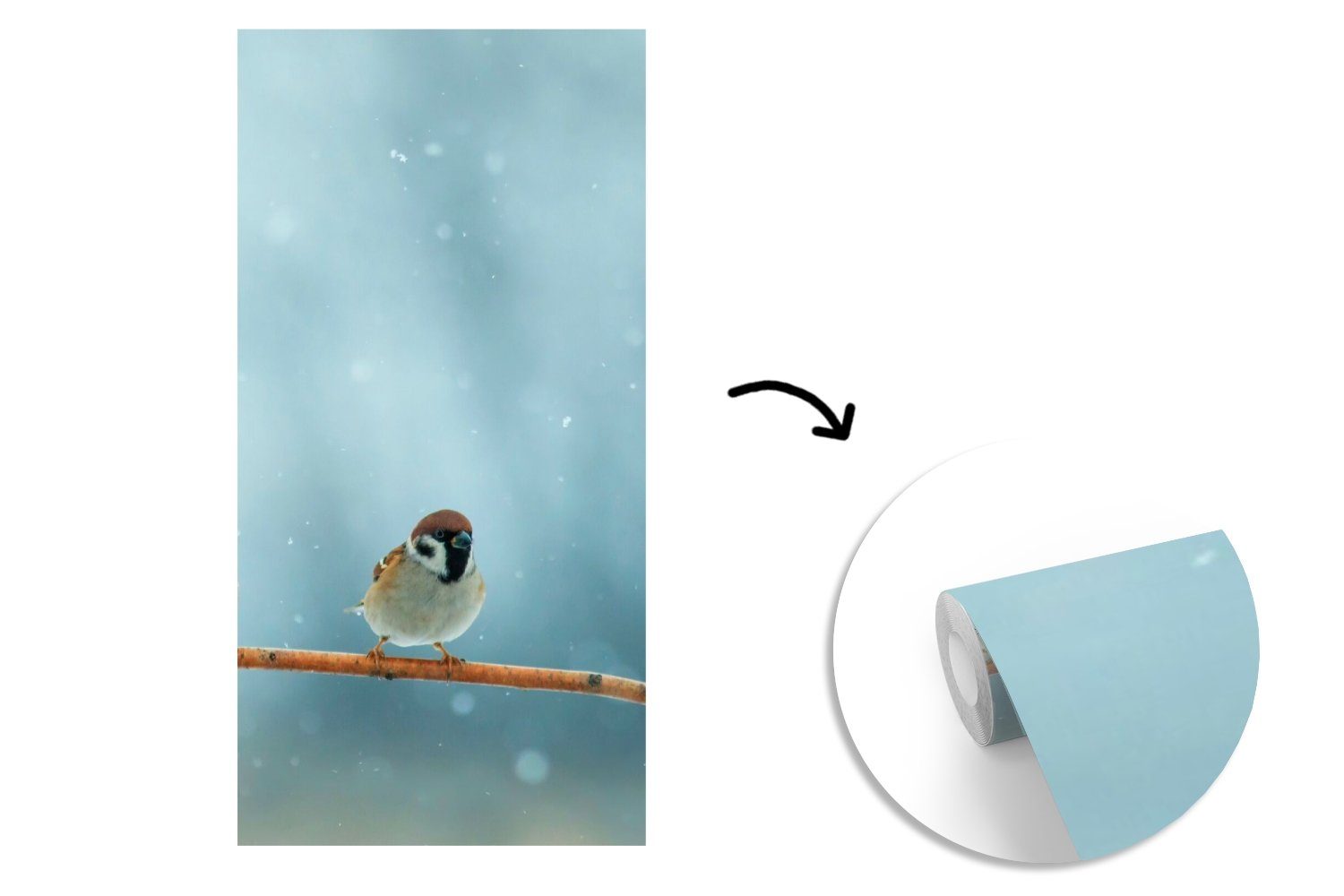 Schnee bedruckt, Spatz (2 Vögel Winter, Matt, - Vliestapete St), Fototapete - für Schlafzimmer - Küche, Fototapete MuchoWow Wohnzimmer