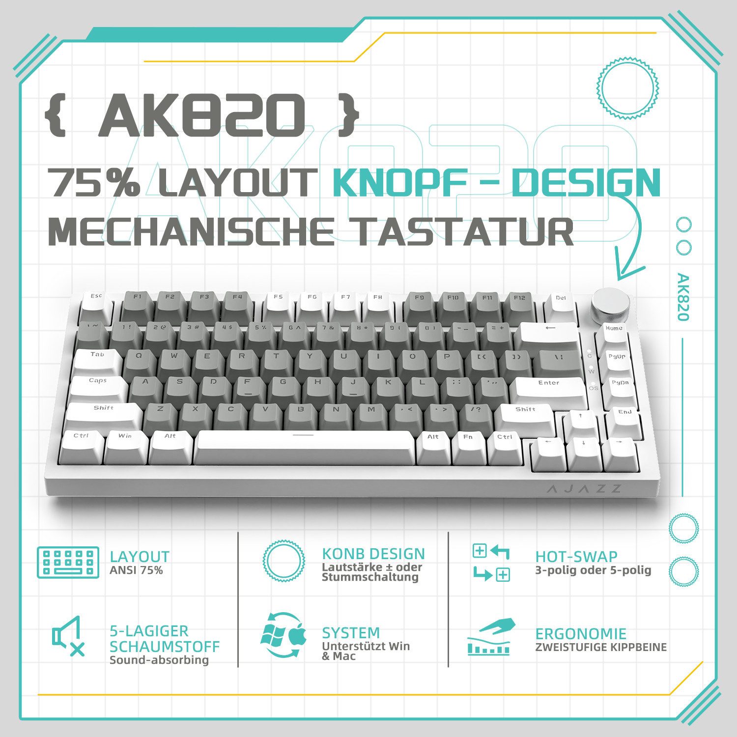 AJAZZ AK820 Mechanische Tastatur mit Knopf,75% ANSI-Layout Gaming-Tastatur (81 keys, improved seal assembly, hot-swap) – Bild 2 von 5
