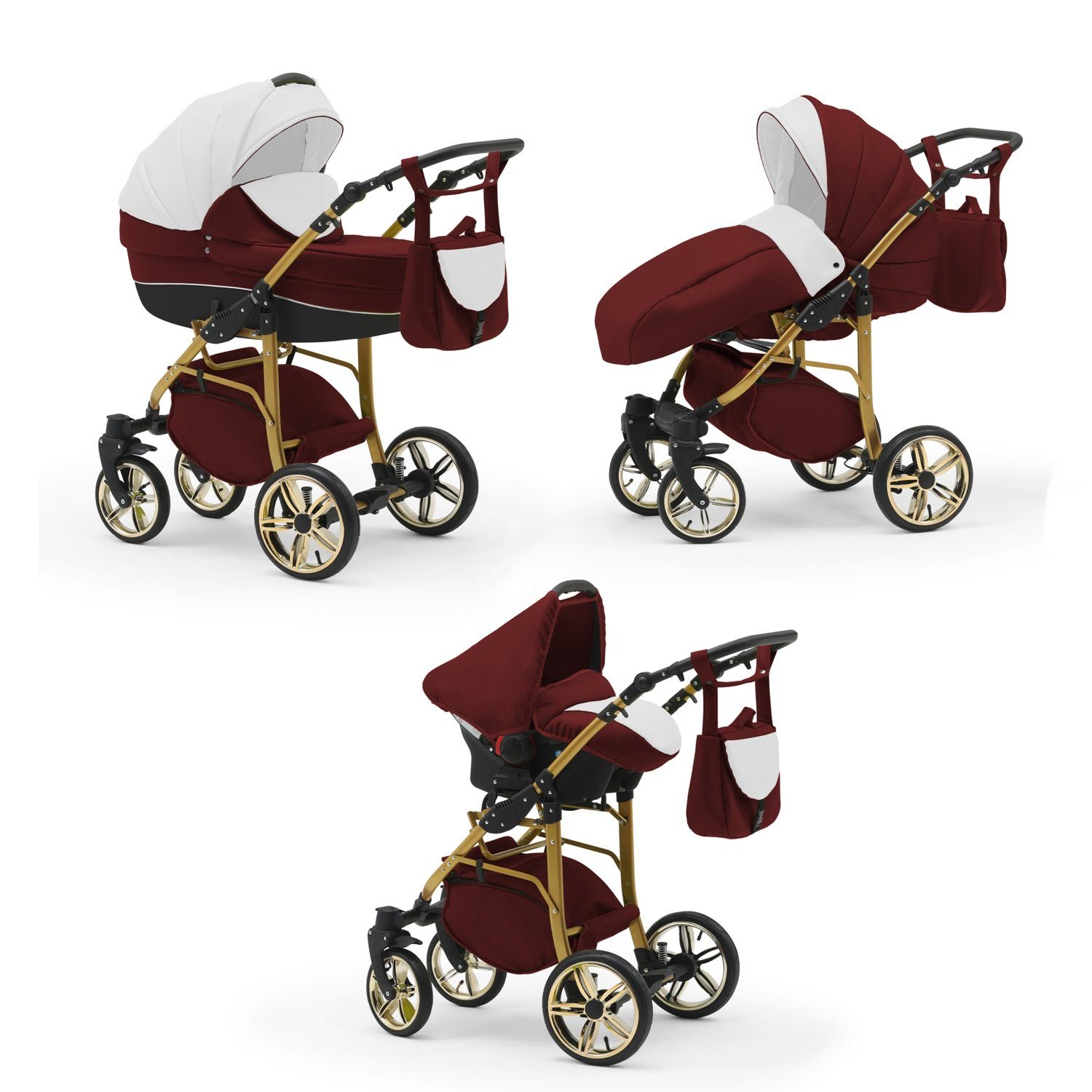 babies-on-wheels Kombi-Kinderwagen 3 in 1 Bordeaux-Weiß-Schwarz Teile 46 Farben - Kinderwagen-Set in Gold- 16 Cosmo