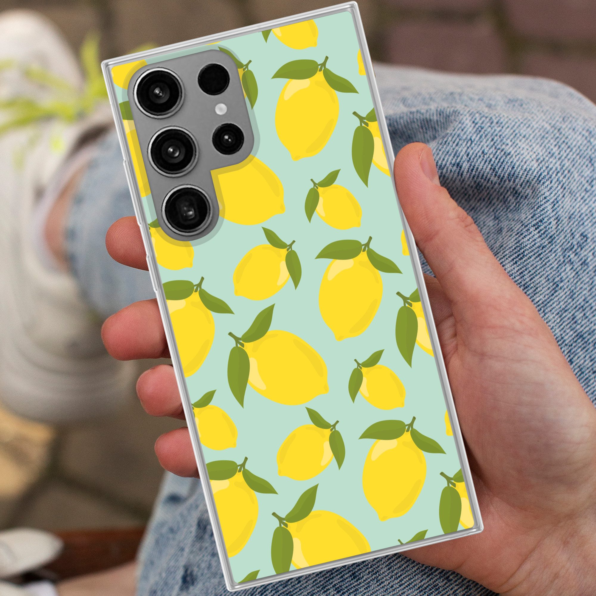 MuchoWow Handyhülle für Samsung Galaxy S23 Ultra Muster Zitronen - Gelb - Blau - Muster -