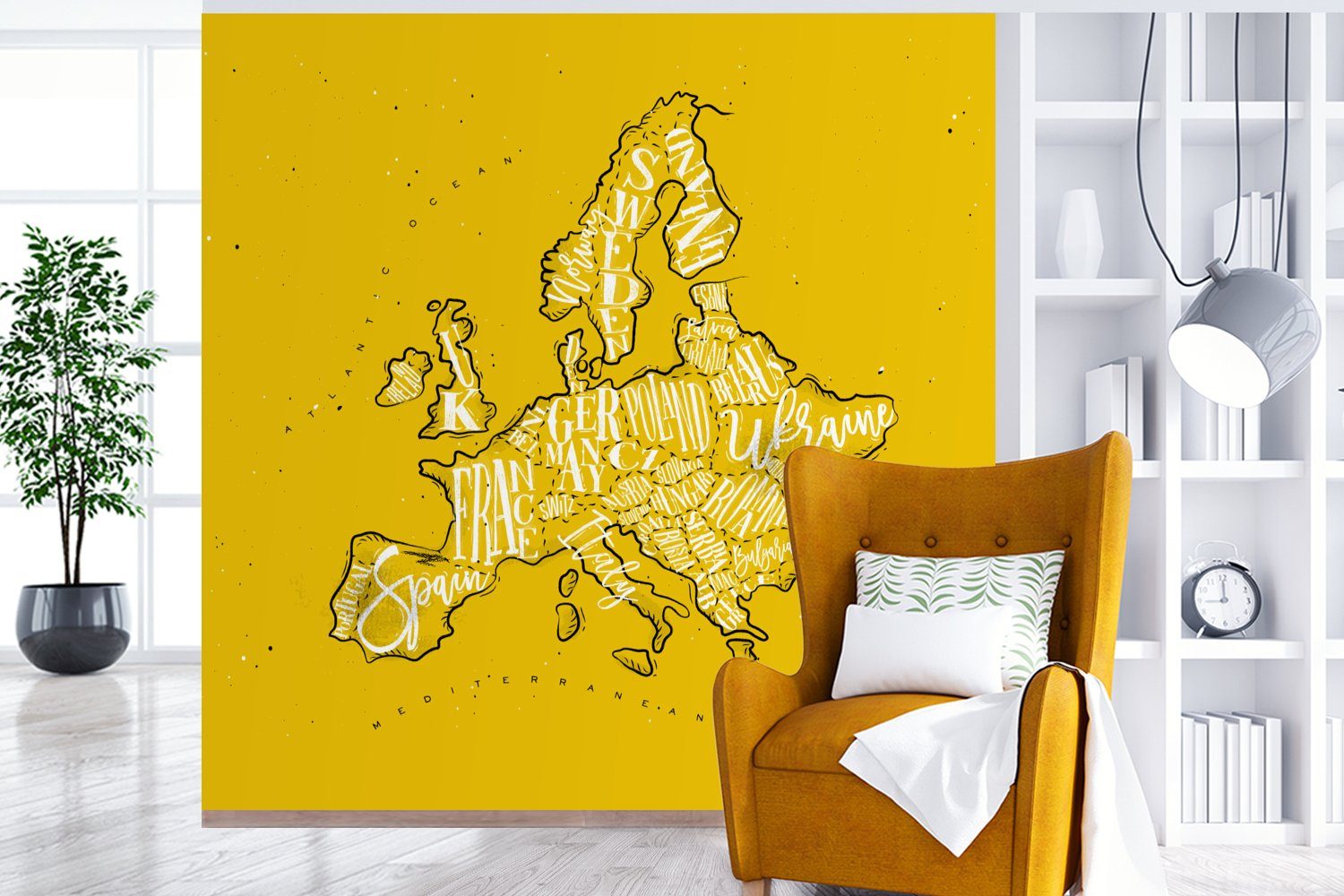 Karte (4 Vliestapete MuchoWow Küche, bedruckt, Gelb für Wohnzimmer Schlafzimmer Fototapete Europa Weiß, Fototapete - - Matt, - St),