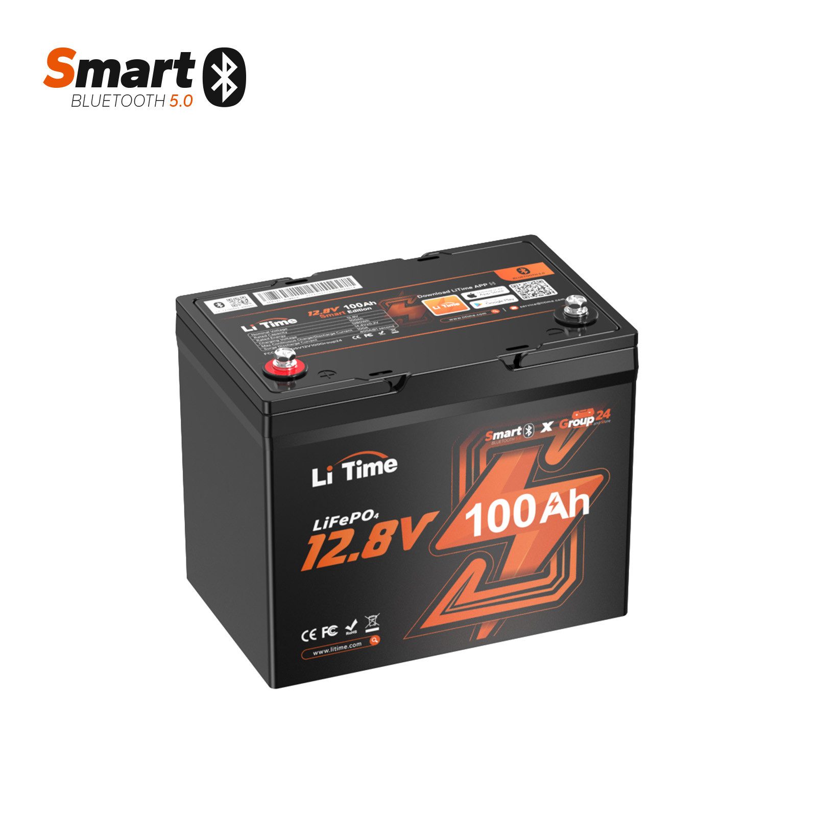 LiTime 12V 100Ah LiFePO4 Batterie der Gruppe 24 mit Bluetooth Solarakkus (12 V), Solarspeicher für Mini Camper Boot, 260x168x210 mm