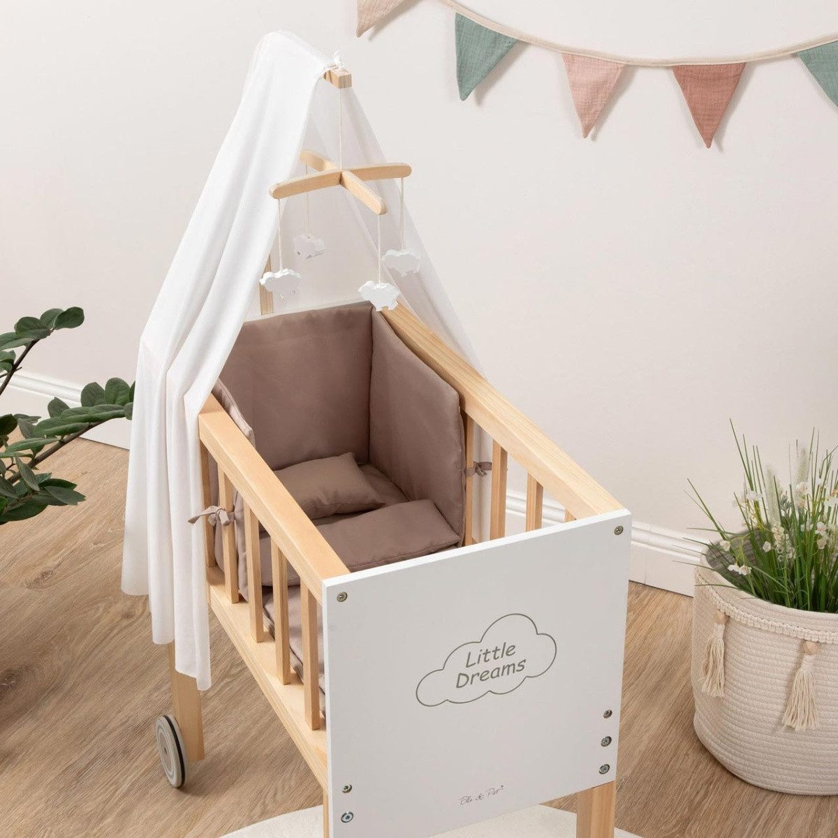ELLA & PIET® Puppenbett Großer Puppen-Stubenwagen DREAMY aus Holz mit Himmel (Weiß-Schlamm)