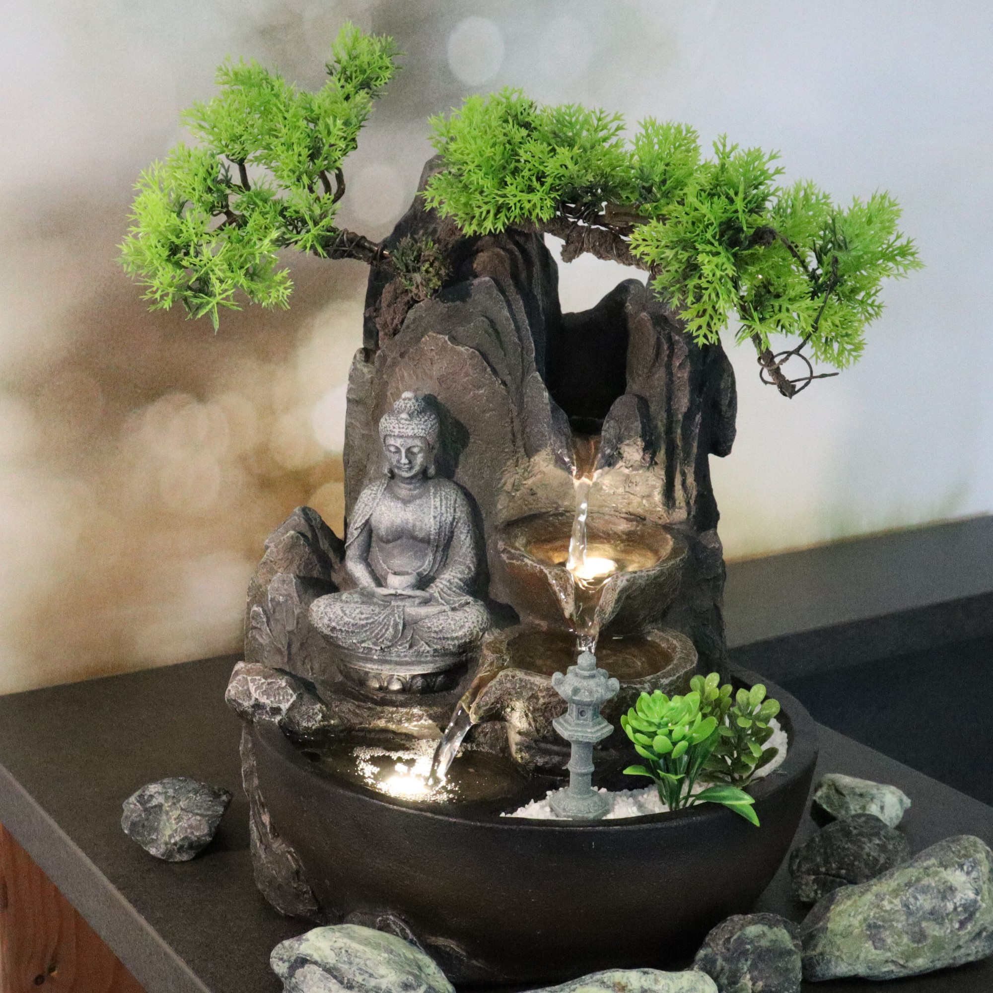 Wacredo Gartenbrunnen Premium Zimmerbrunnen Komplettset Buddha, Wasserbecken BxT: 25x26 cm, Gesamtmaß: 26 x 25 x 32cm (L x B x H) – Bild 2 von 5