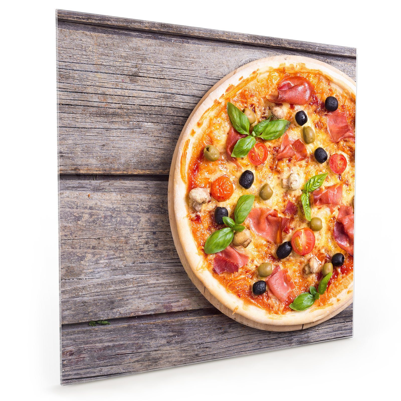 Primedeco Küchenrückwand Küchenrückwand Spritzschutz Glas mit Motiv Pizza mit Schinken