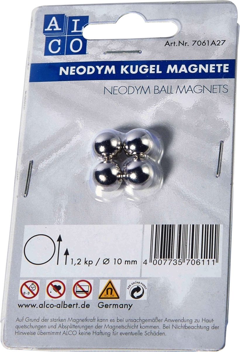 ALCO Magnet Kugelmagnet Neodoym Neodym (Nd) 10mm TG 1200 g silber VE=4 Stück