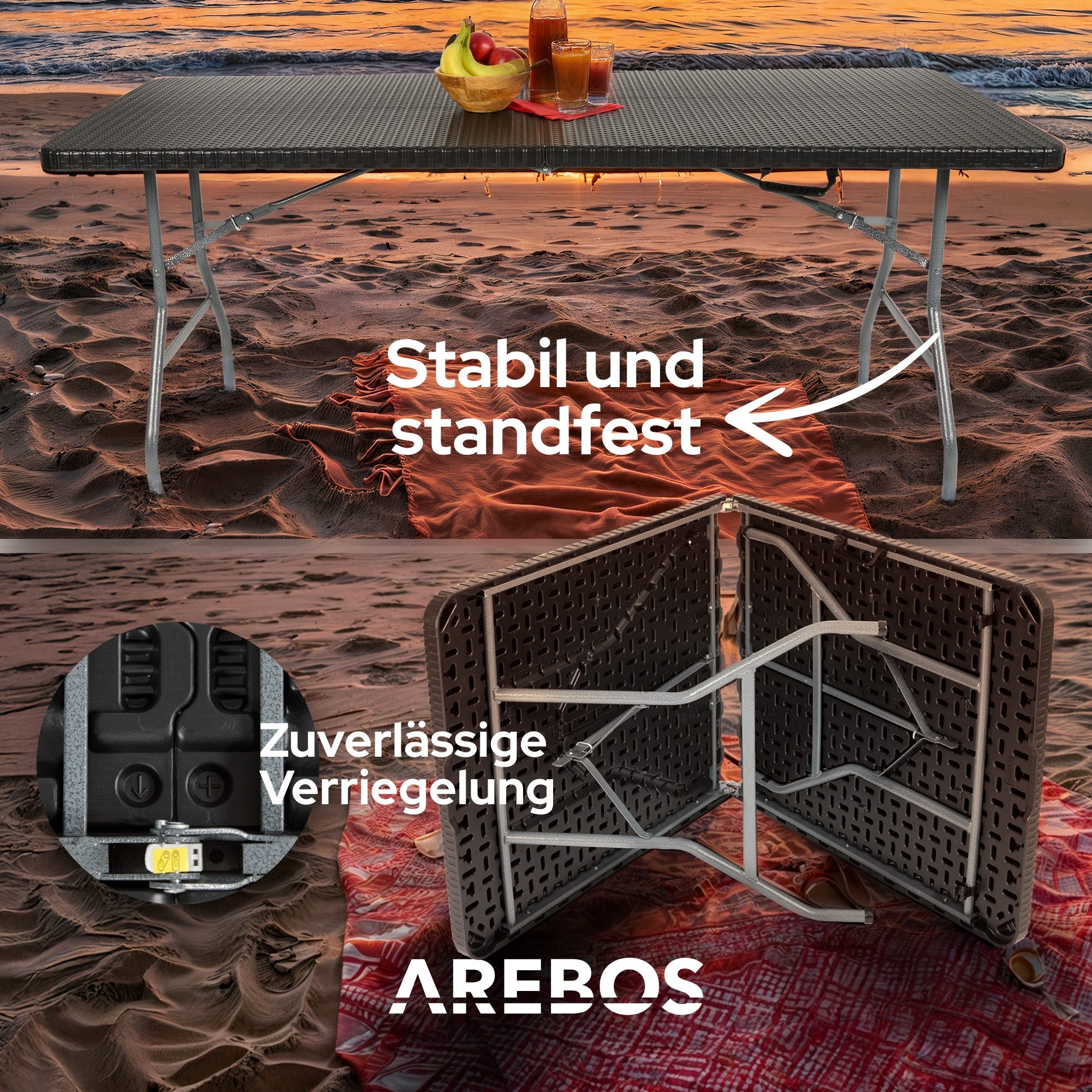 Arebos Klapptisch 182 cm, klappbar für Garten, Camping, Buffet, bis 150 kg, Einfach auf- und abzubauen – keine Werkzeuge nötig