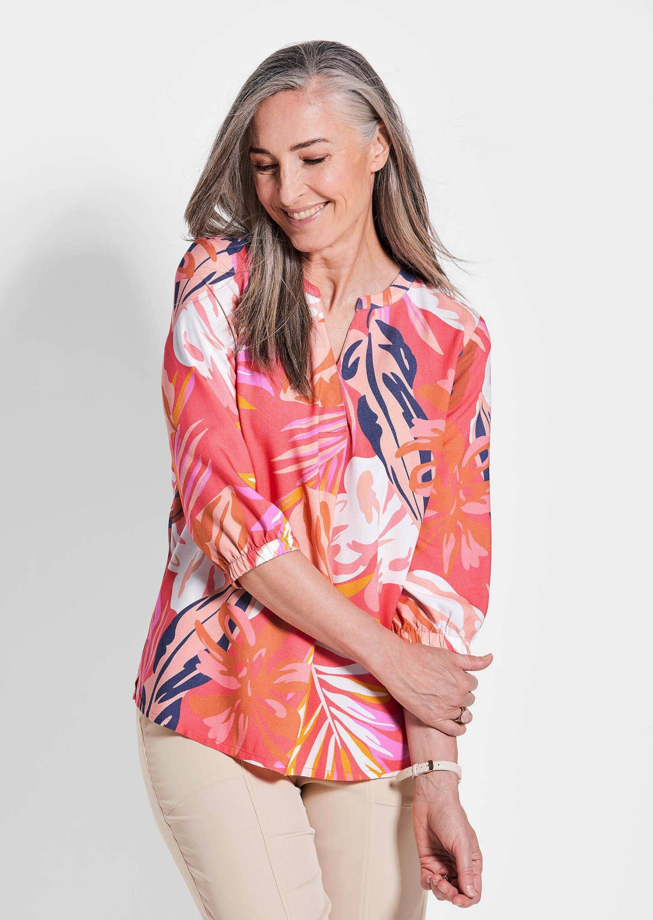 GOLDNER Tunika Rote Tunika mit Palmendruck 3/4-Arm-Bluse mit rotem Palmendruck, komfortabler Fit, V-Ausschnitt