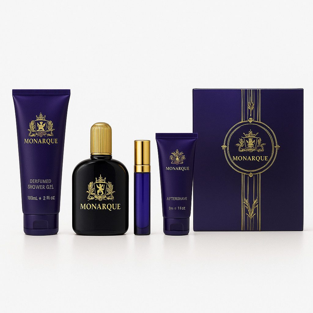 Fine Perfumery London Pflege-Geschenkset Monarque Pour Homme 4-tlg. Herren Duftset: EdP, Duschgel, Aftershave