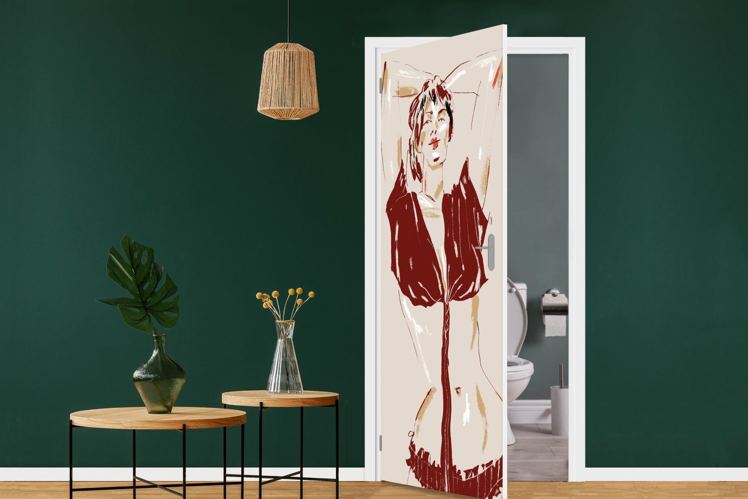 cm Abstrakt, - bedruckt, MuchoWow Fototapete - Tür, (1 für Türtapete Türaufkleber, - Porträt Frau Rot Matt, 75x205 St),