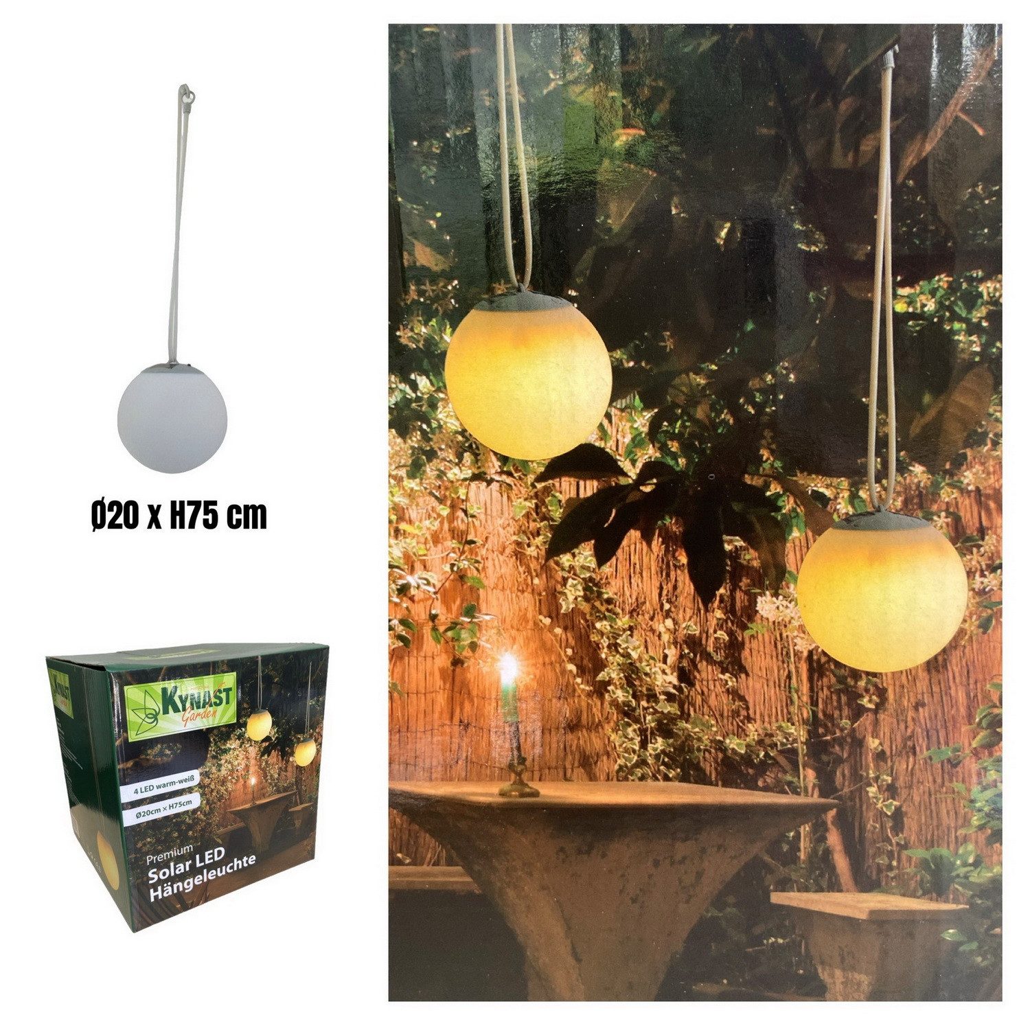 Kynast LED Solarleuchte Solar Kugelleuchte mit warmweißen 4 LEDs, Warmweiß, Hängeleuchte