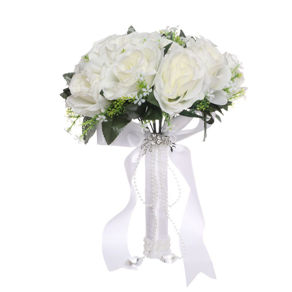 Kunstblumenstrauß Brautstrauß Hochzeit Koreanischer Stil Weiß Falsche Rosen Brautstrauß, HIBNOPN