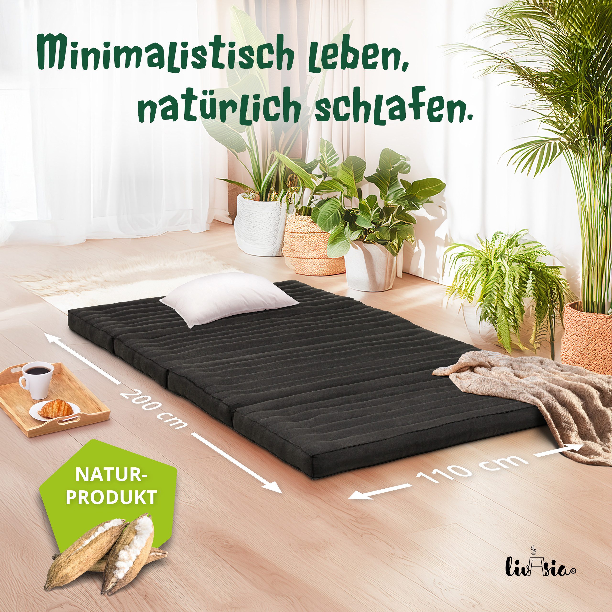 Klappmatratze Faltmatratze 110 cm breit (Basic) - 200x110x8cm -, livasia, 8 cm hoch, Kapok, vegan, handgefertigt