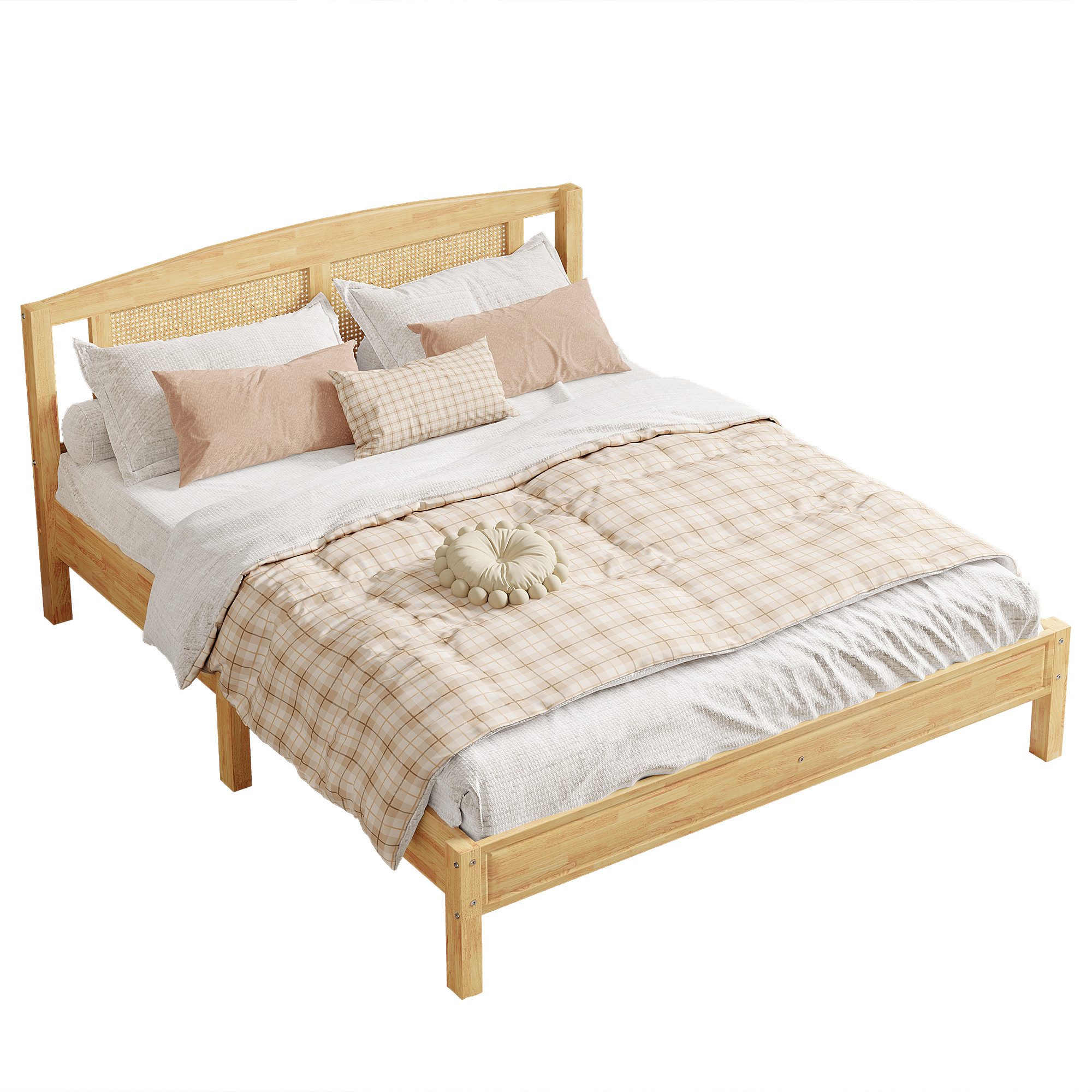 OKWISH Wooden Bed Adult Bed 160x200 cm in Pine & Rattan Look (Adult bed made of pine wood and plastic rattan, in a warm natural tone for a relaxed living atmosphere), Mattress not included – basis for individual sleeping comfort