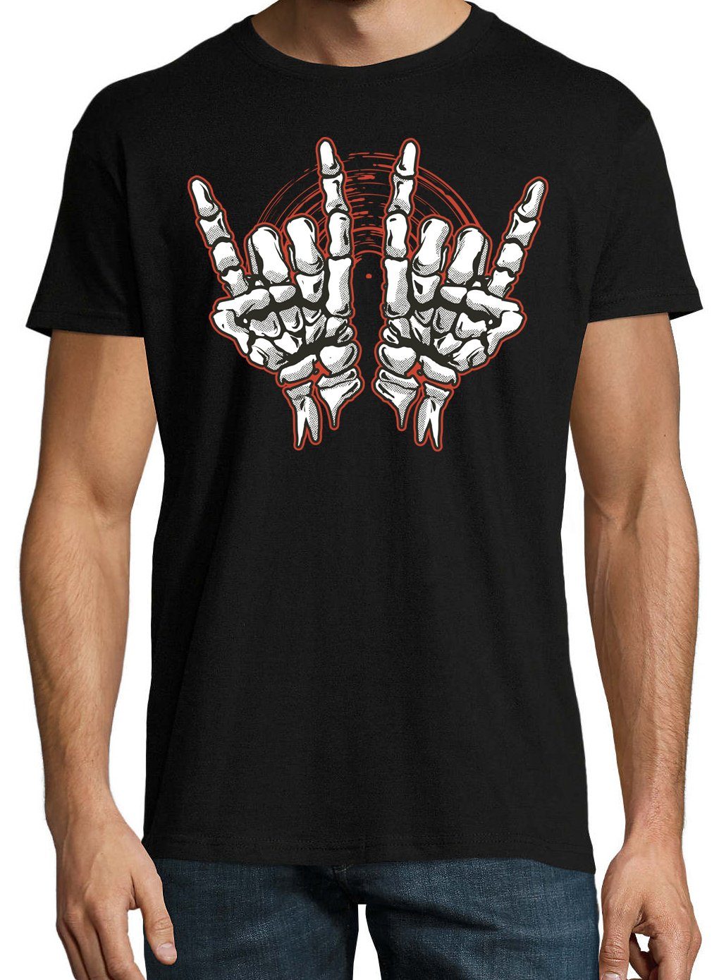 im Frontdruck Skelett Schwarz T-Shirt T-Shirt Designz Horror Herren Rock'n'Roll mit Hand Youth Fun-Look Trendigem
