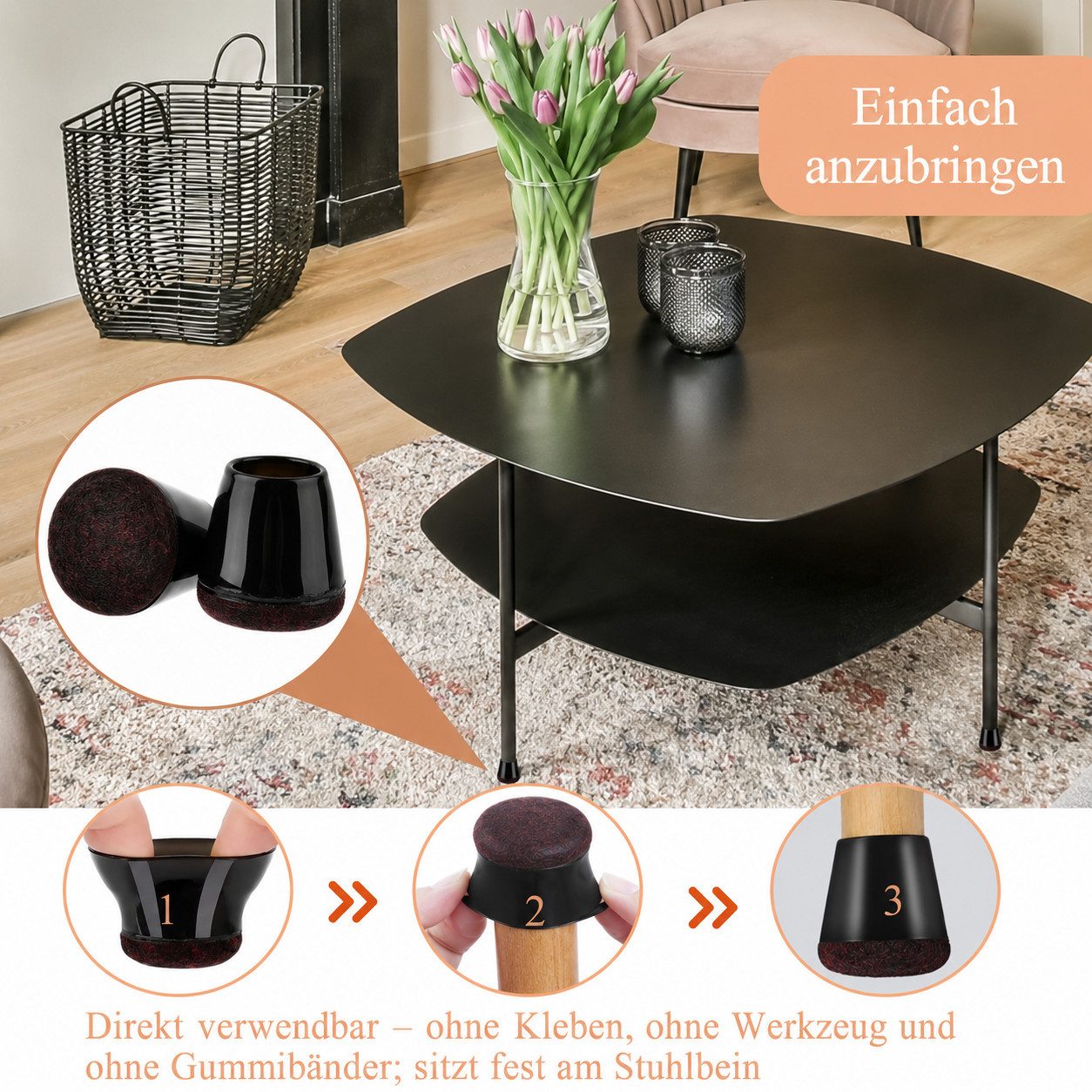 BlingBin Stuhlsocke Stuhlbeinkappen mit Filz, Silikon-Stuhlbeinschoner für Möbelbeine, (40er Set, 40 St), Stuhlbeinschoner für runde Möbelbeine 15–18 mm, Bodens – Bild 5 von 5