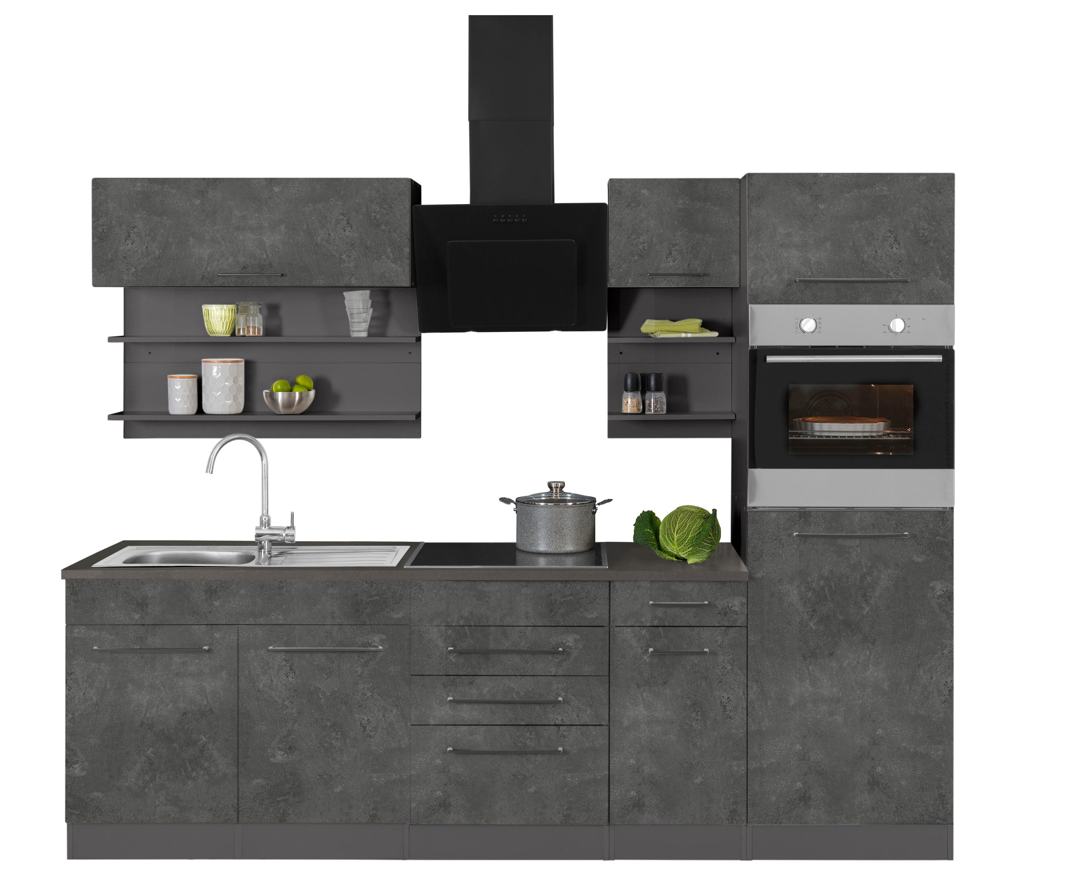 KOCHSTATION Кухниzeile KS-Tulsa, mit E-Geräten, Breite 330 cm, schwarze Metallgriffe, MDF Fronten