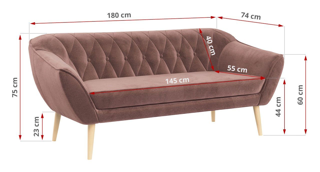 Sofa Sitzer, Skandinavischer Stil, MKS PIRS-3 Polsterung, Holzbeine MÖBEL Gesteppte