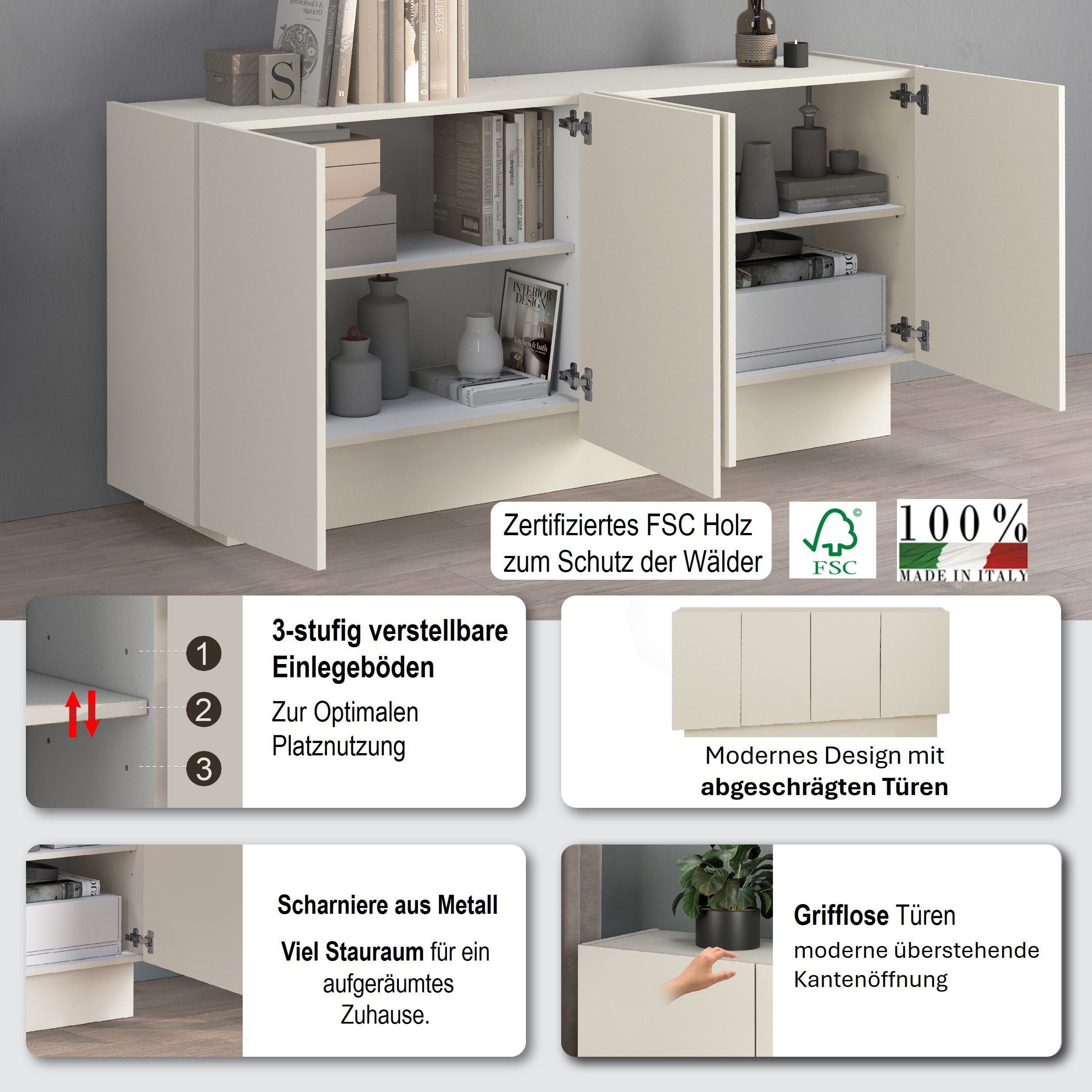OTTO home Sideboard VELA, Breite 160 cm, Design mit schrägen Türen, Maße-B/T/H: 160x35x75 (1 St), Made in Italy, 4 Fächer, Sideboard, Anrichte, Kommode