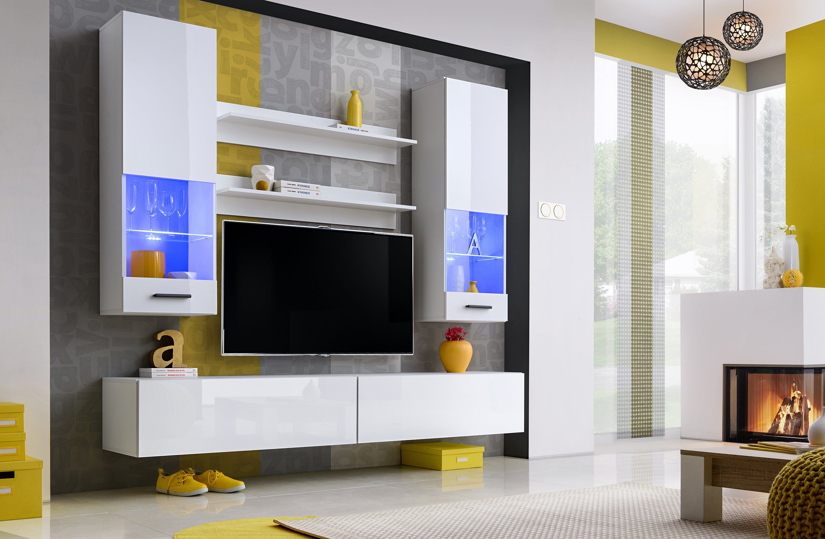 Stylefy Wohnwand Eaton I, (Wohnmöbel, Wohnzimmer-Set, Set (6-St), bestehend aus 2xHängevitrine, 2xLowboard, 2xWandregal, wahlweise mit LED-Beleuchtung, mit Glaseinsatz, variabel hängbar, Modern Design Weiß - Weiß Hochglanz