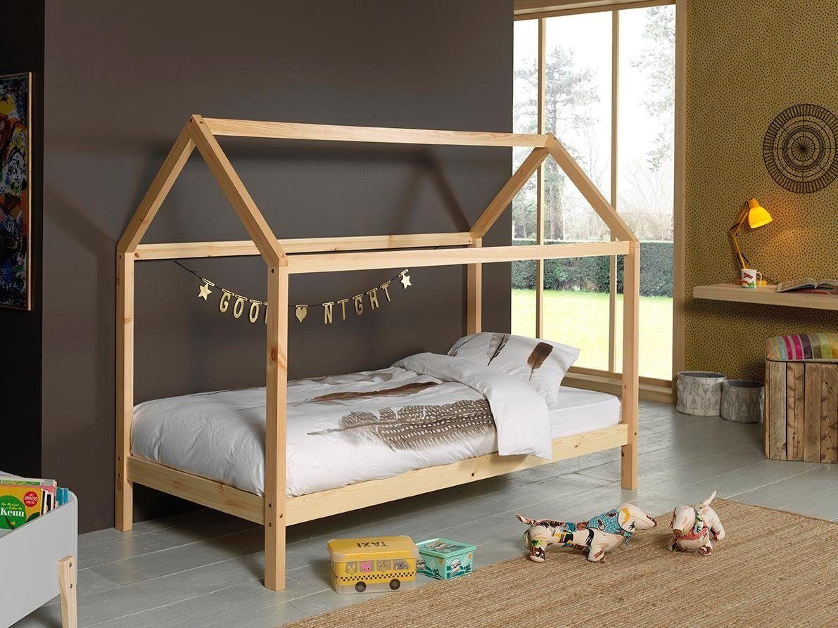 Vipack Hausbett Dallas, Hausbett Kiefer massiv, stabil gebaut, mit Rolllattenrost (B/H/T ca. 208x158,5x98cm, das Dach lässt sich noch hübsch dekorieren), wahlweise mit oder ohne Bettschublade, 2 Farben zur Wahl