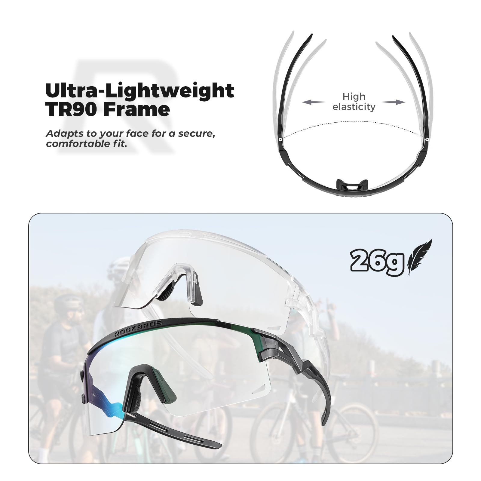 ROCKBROS Fahrradbrille Sportbrille Herren Damen Fahrrad Rennrad Outdoor TR90 Rahmen, photochrom, polarisiert, UV400 Schutz, ultraleicht, winddicht