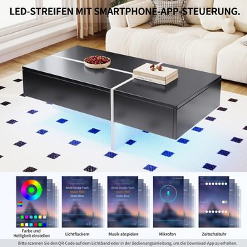 HAUSS SPLOE Couchtisch Hochglänzend mit App-gesteuertem LED-Beleuchtungssystem, Schwarz, für Wohnzimmer