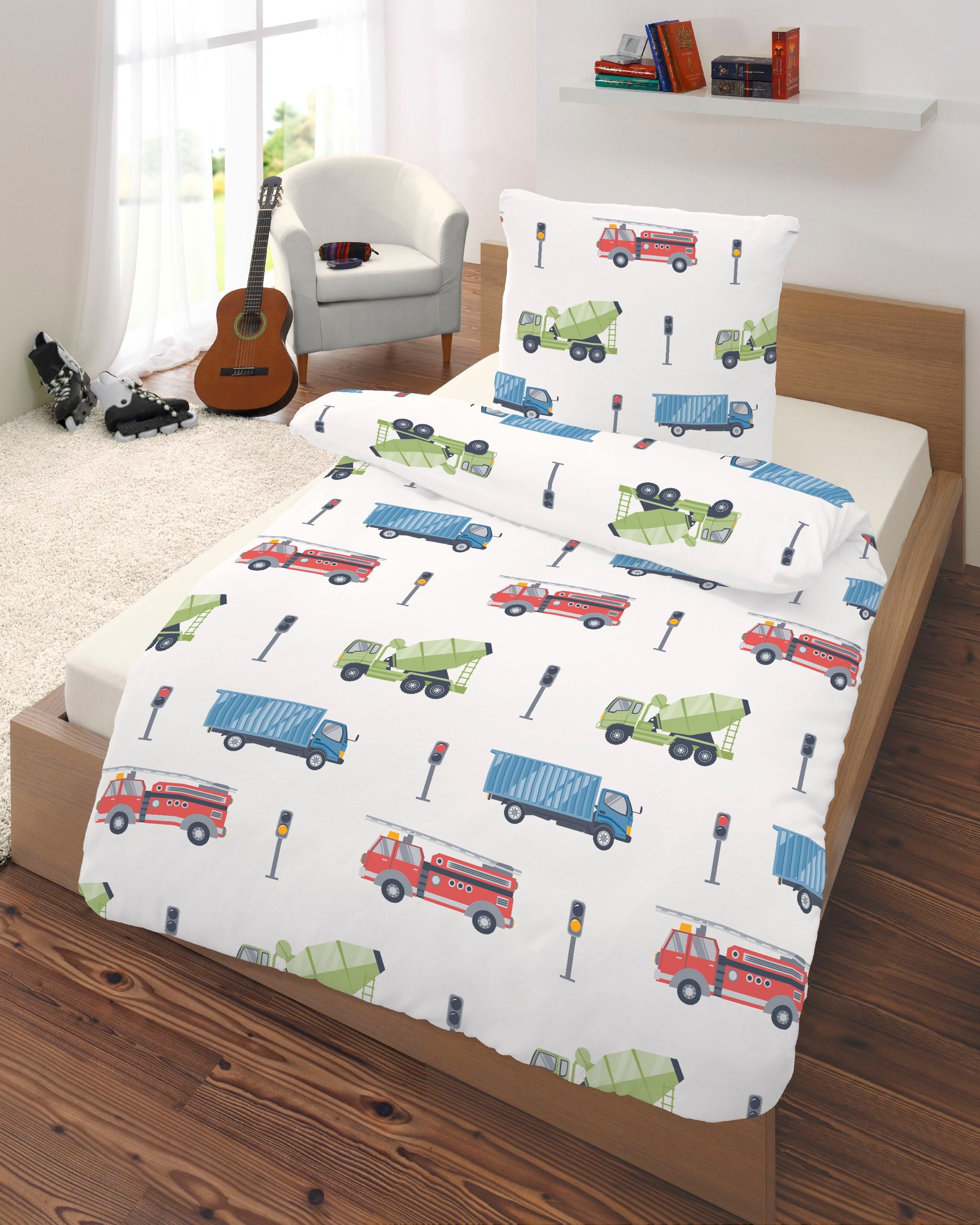 Träumschön Jugendbettwäsche Premium Set aus Baumwolle 135x200 cm, Baustellenfahrzeuge bunt, Baumwolle, 2 teilig, mit Reißverschluss, luftig und leichte Sommerbettwäsche für Kinder