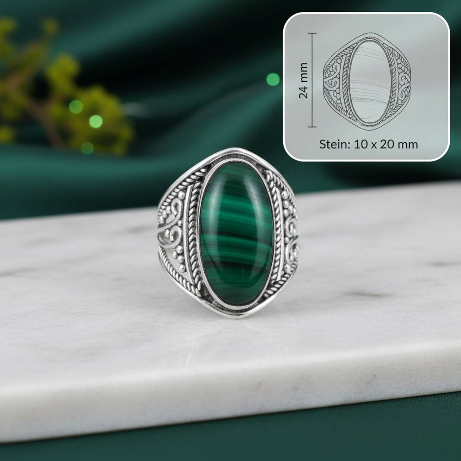 mantraroma Silberring DAHAB oval groß aus 925 Silber mit Malachit (Ring mit Schmuckbeutel), Damenring aus 925er Silber