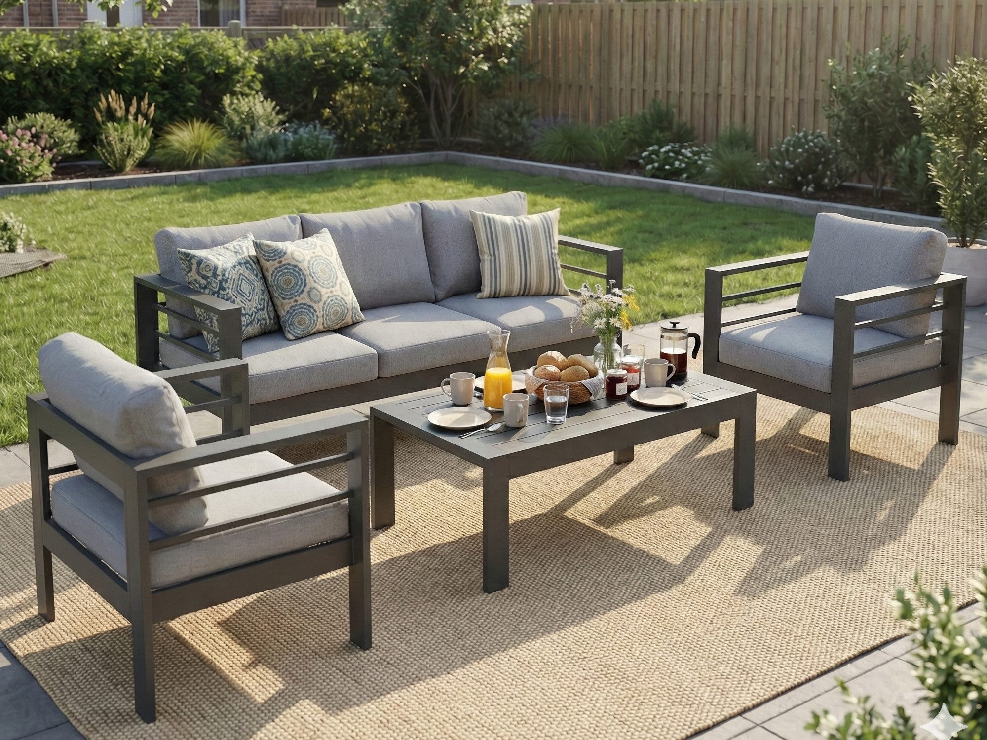MeXo Gartenlounge-Set XXL Gartenmöbel Set Aluminium Outdoor, (Gartenmöbel Set, 4-tlg., 1×3-Sitzer Sofa, 2×Sessel, 1×Tisch, 10×Auflagen), wetterfest Sitzgruppe Essgruppe Gartengarnitur für 4-5 Personen