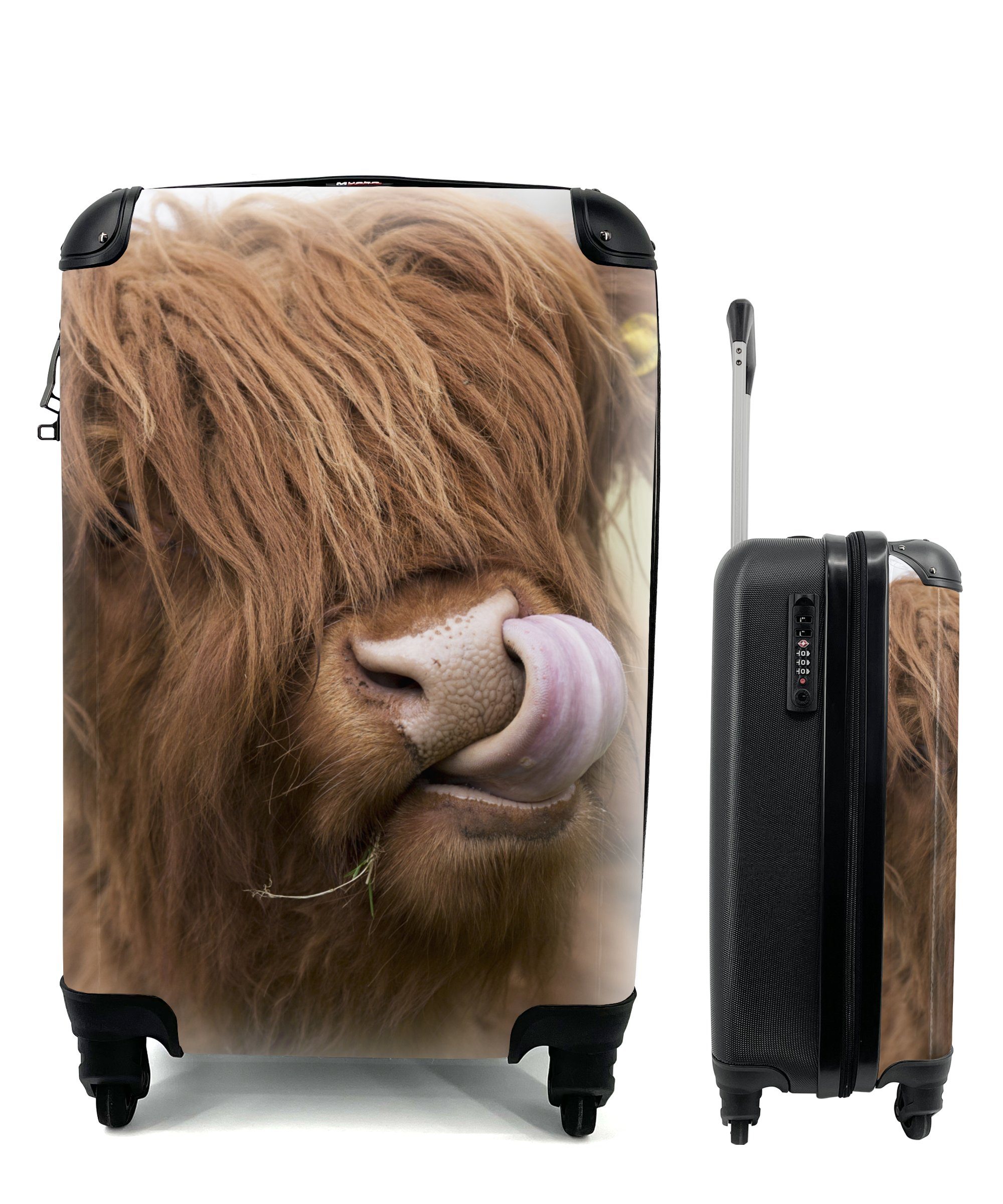 MuchoWow Handgepäck Rollen, - - Ferien, Highlander Tiere, Trolley, Schottischer Reisekoffer Braun Reisetasche Handgepäckkoffer 4 rollen, mit für