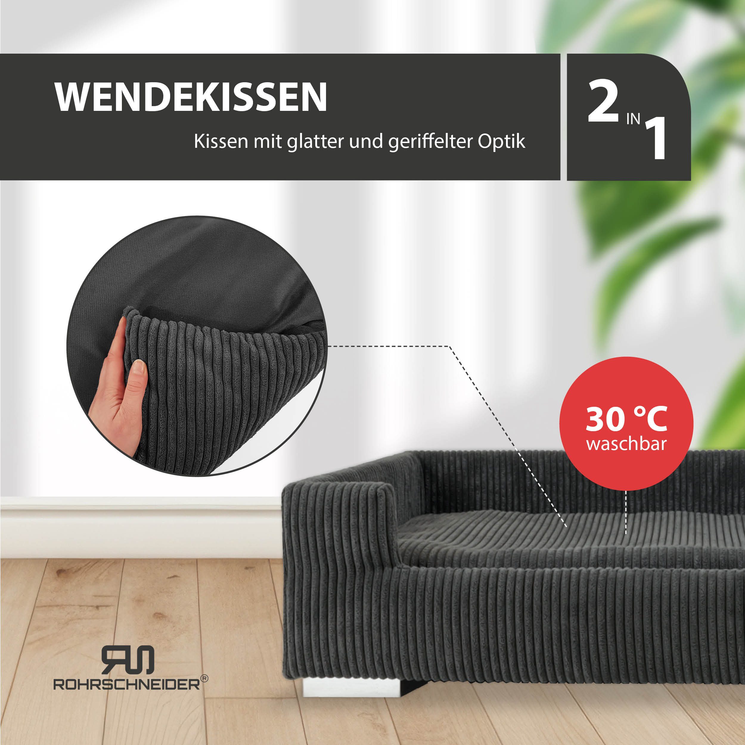 Rohrschneider Tiersofa Hundesofa Cord hoher Rand, waschbarer Bezug 4 Farben, robuster Cordstoff aus 100% Polyester, inkl. 2x Dekokissen