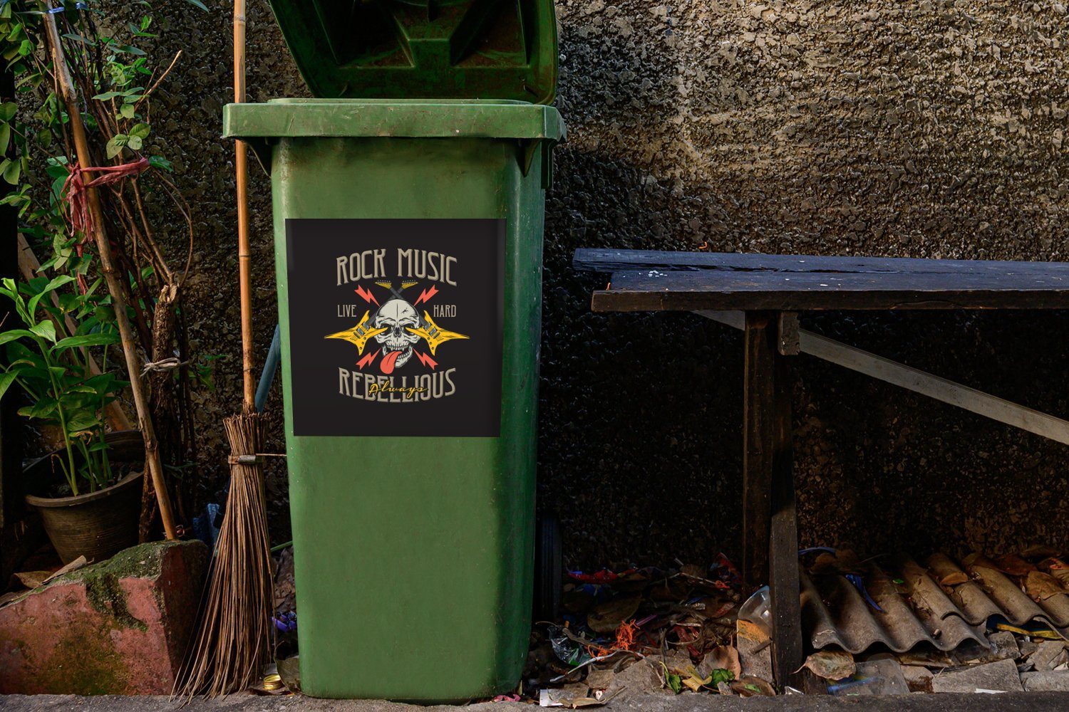 Mülltonne, MuchoWow Abfalbehälter - - (1 Wandsticker Container, Sticker, St), Mülleimer-aufkleber, Vintage Totenkopf Gitarre