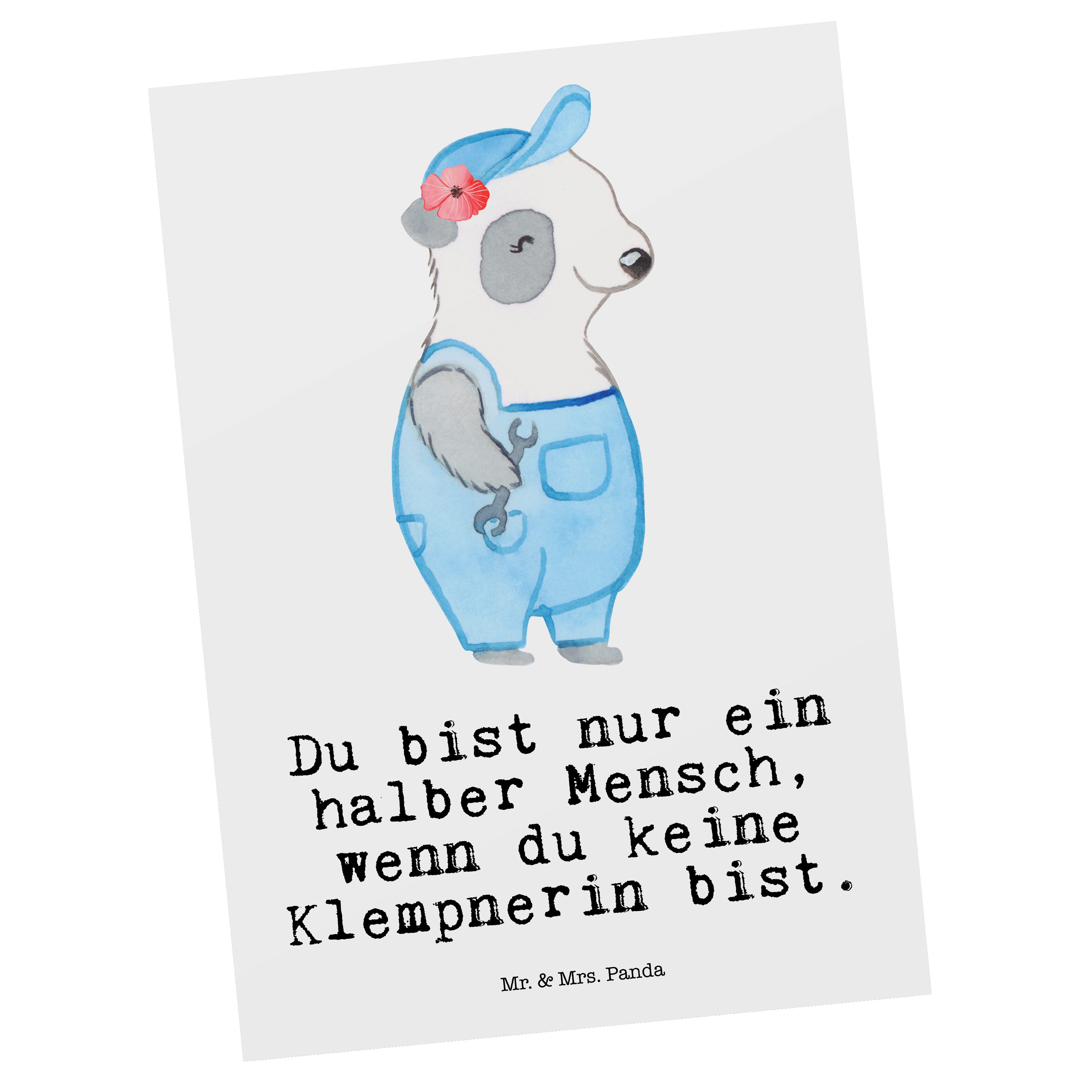 Mr. & Mrs. Panda Postkarte Klempnerin mit Herz - Weiß - Geschenk, Grußkarte, Dankeskarte, Einlad