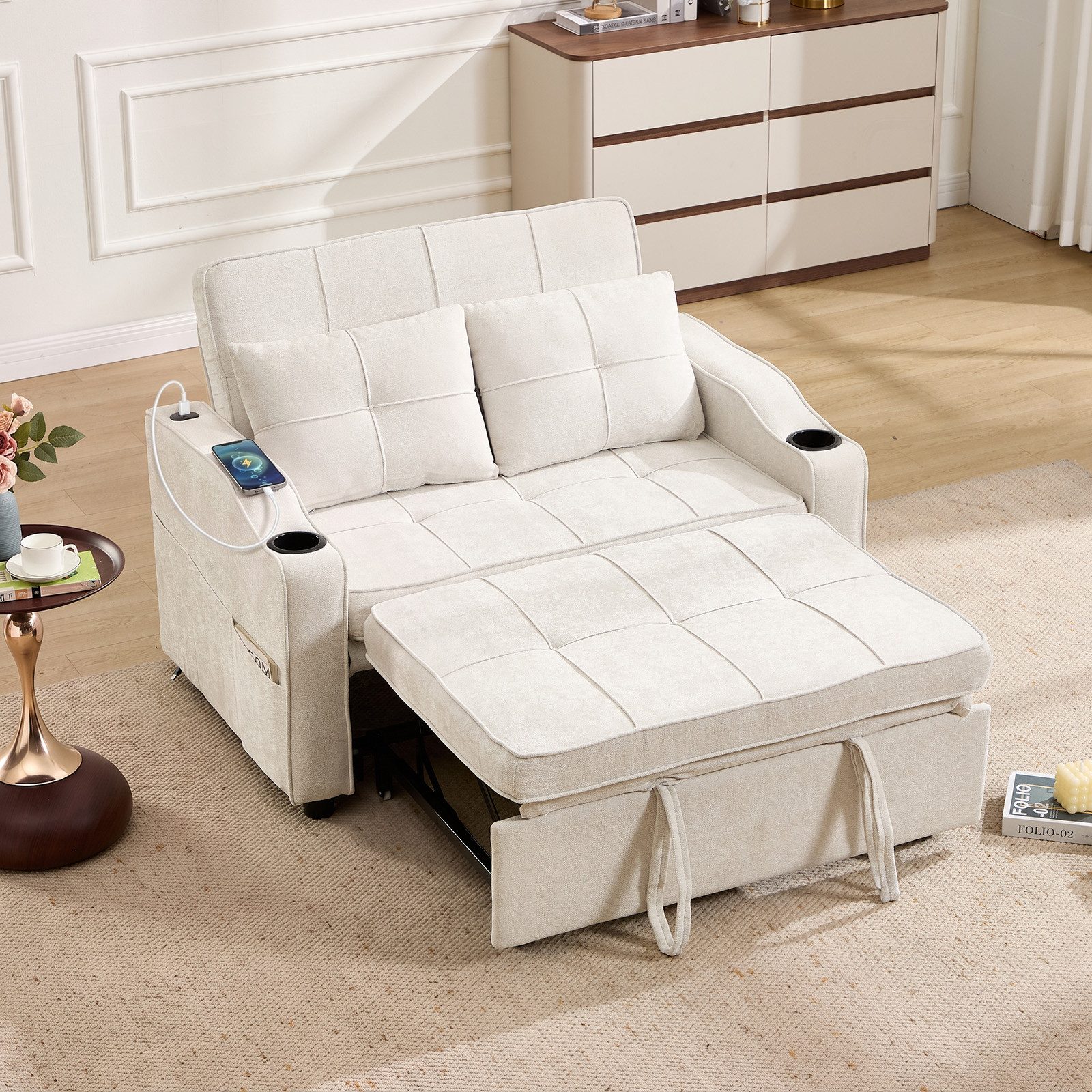 Bonzy Home Schlafsofa 2-Sitzer Schlafsofa, mit Getränkehaltern und Seitentasche, 93*84*125cm, mit Ladeanschluss und Seitentaschen