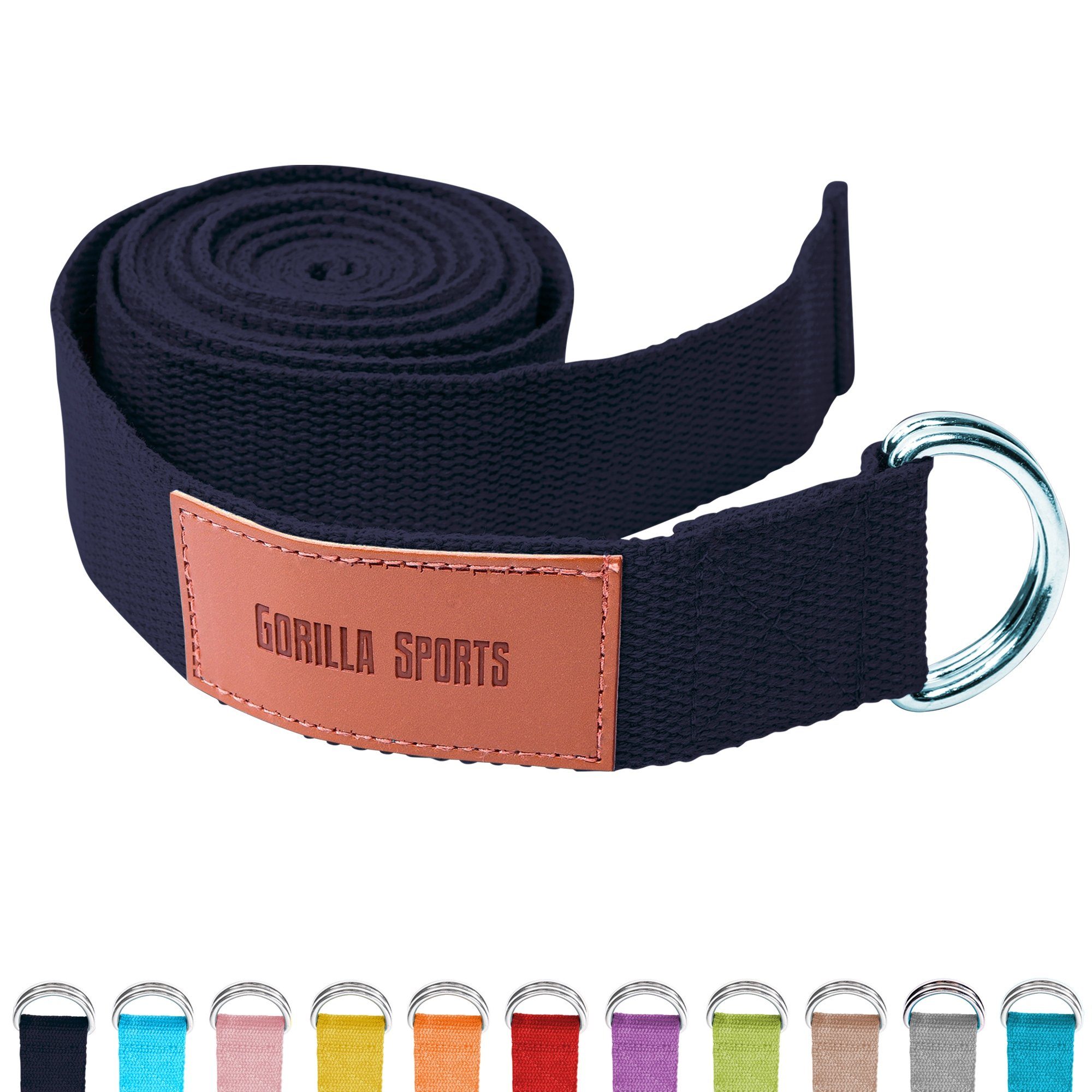 GORILLA SPORTS Yogagurt Yoga-Gürtel, 100% Baumwolle, mit Verschluss aus Metall, Yoga Strap Schwarz