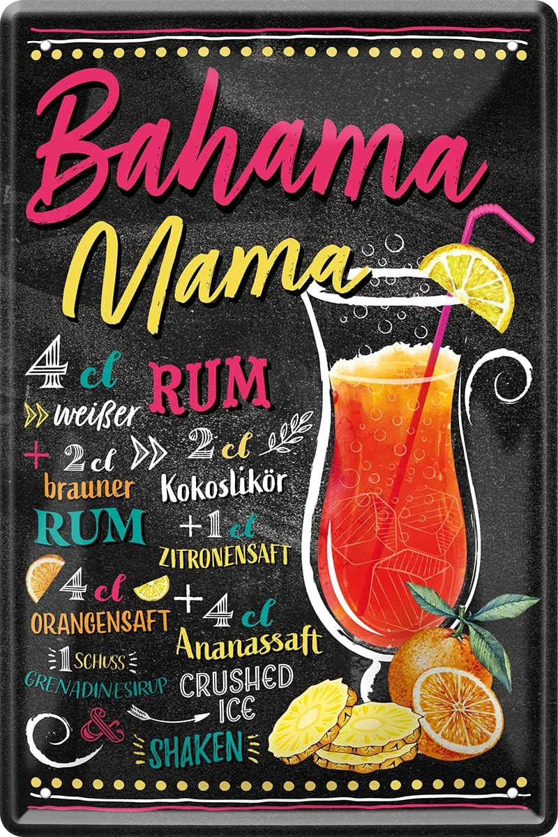 WOGEKA ART Metallbild Bahama Mama - Cocktail Rum - 20 x 30 cm Retro Blechschild Bar