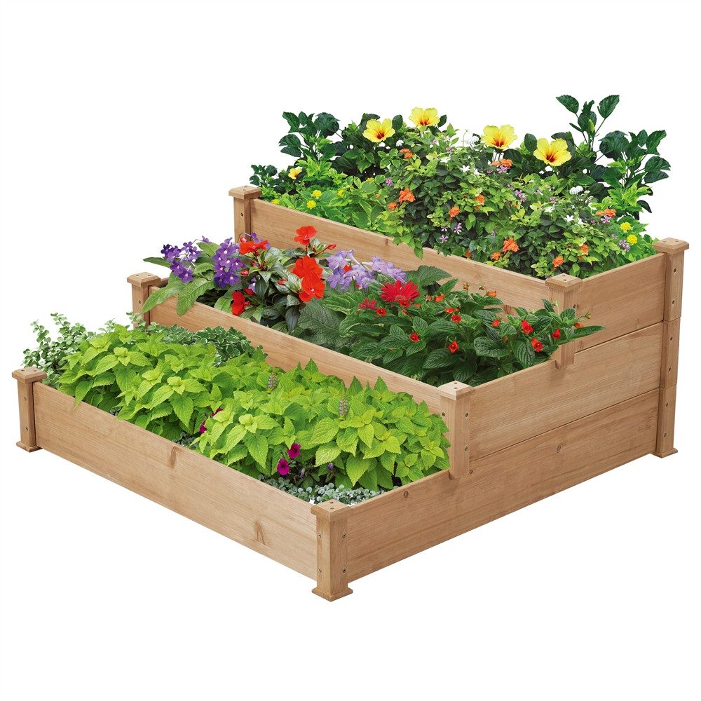 Yaheetech Hochbeet aus Tannenholz 3-Stufiges Gartenbeet für Hof/Garten/Gewächshaus, Pflanzgefäß Stufenbeet Blumenbeet 120 x 120 x 56 cm stapelbar