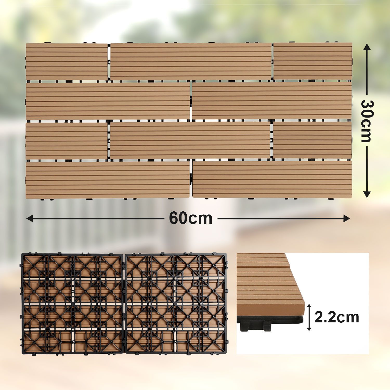 Clanmacy Terrassendielen WPC Terrassenfliesen in Holzoptik 12 Latten mit Drainagensystem Balkon, (6-St)