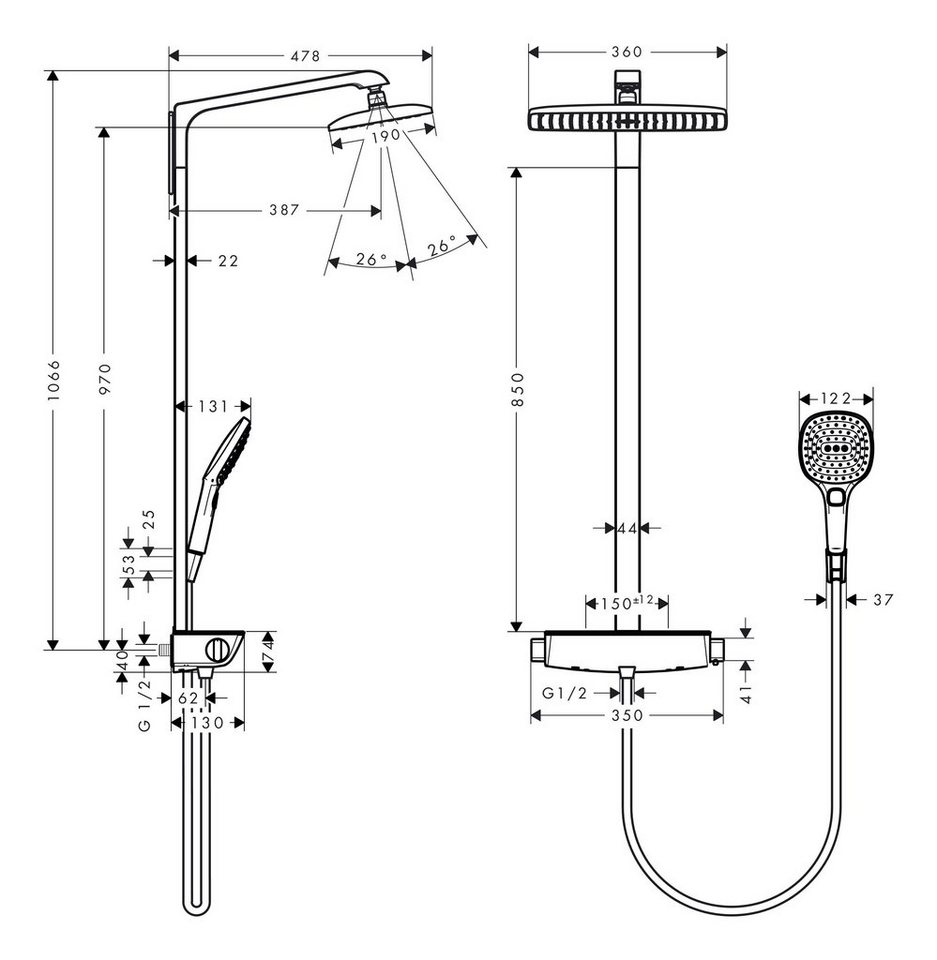Thumbnail - hansgrohe Duschsystem Raindance Select E Showerpipe, Höhe 106.6 cm, 1 Strahlart(en), 360 1jet EcoSmart 9 l/min mit Therm...