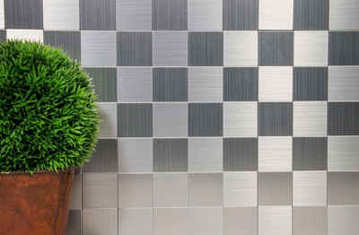 Mosani Aluminium Metall Wandfliese 10 Stk selbstklebende Mosaik Fliesen Wanddekor, Silber, Set, 10-teilig 0,93 m², Spritzwasserbereich geeignet, Küchenrückwand Spritzschutz